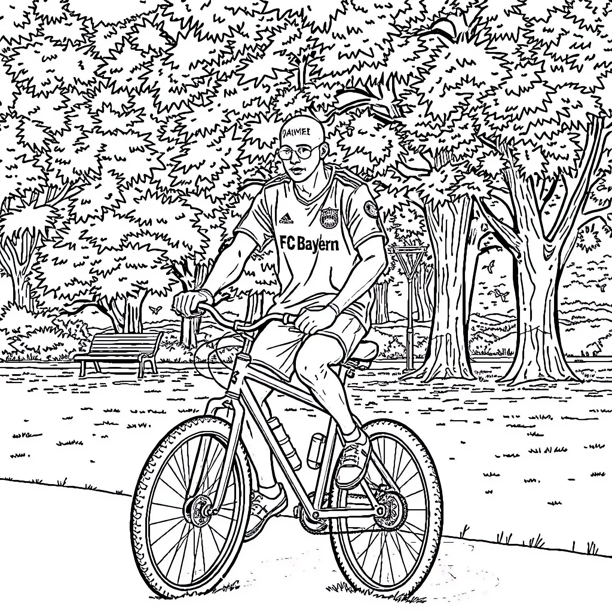 Travis Scott riding bicycle in park Coloring Page (free black-and-white line drawing printable PDF for all, from beginners to advanced learners, including children, teens, adults, and seniors)