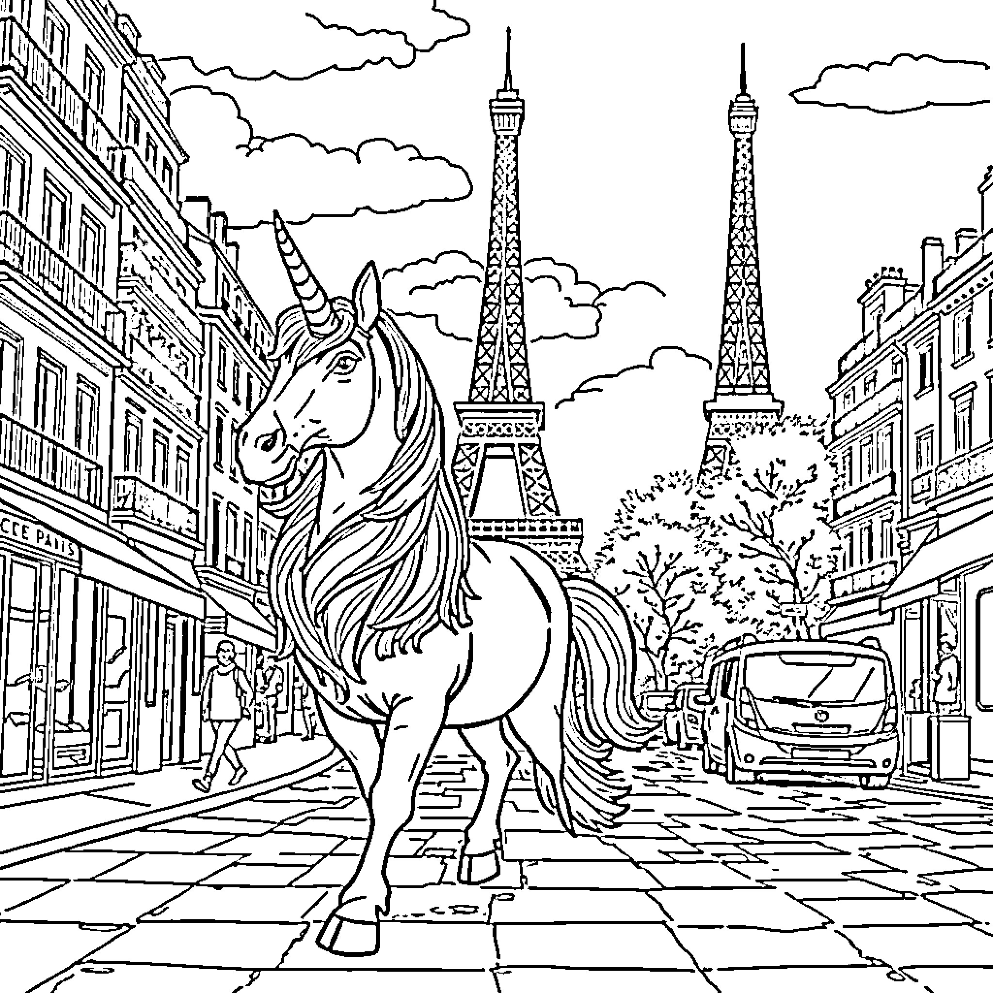 Unicorn galloping through the streets of Paris Coloring Page (free black-and-white line drawing printable PDF for all, from beginners to advanced learners, including children, teens, adults, and seniors)