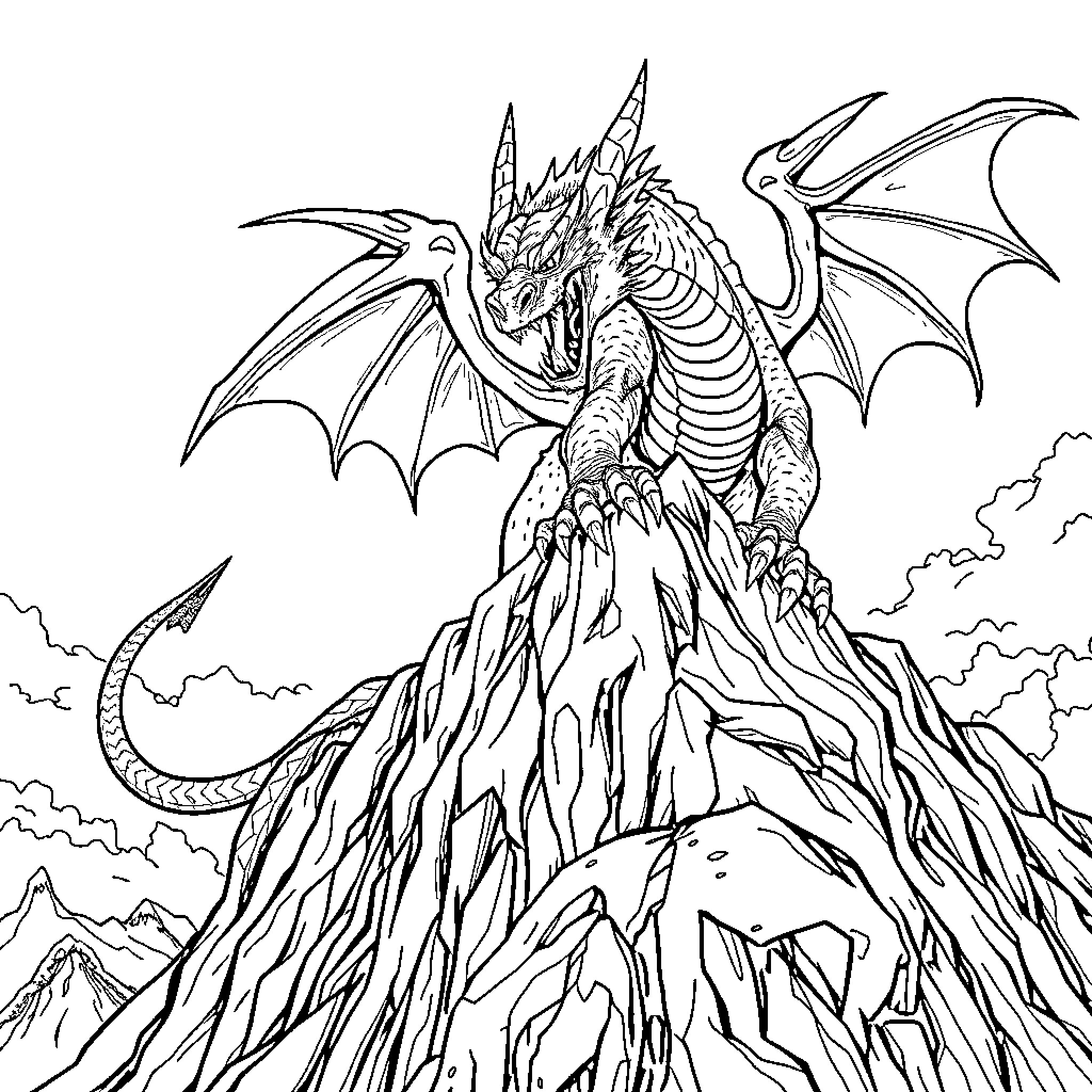Dragon Perched Atop a Majestic Mountain Peak Coloring Page (free black-and-white line drawing printable PDF for all, from beginners to advanced learners, including children, teens, adults, and seniors)