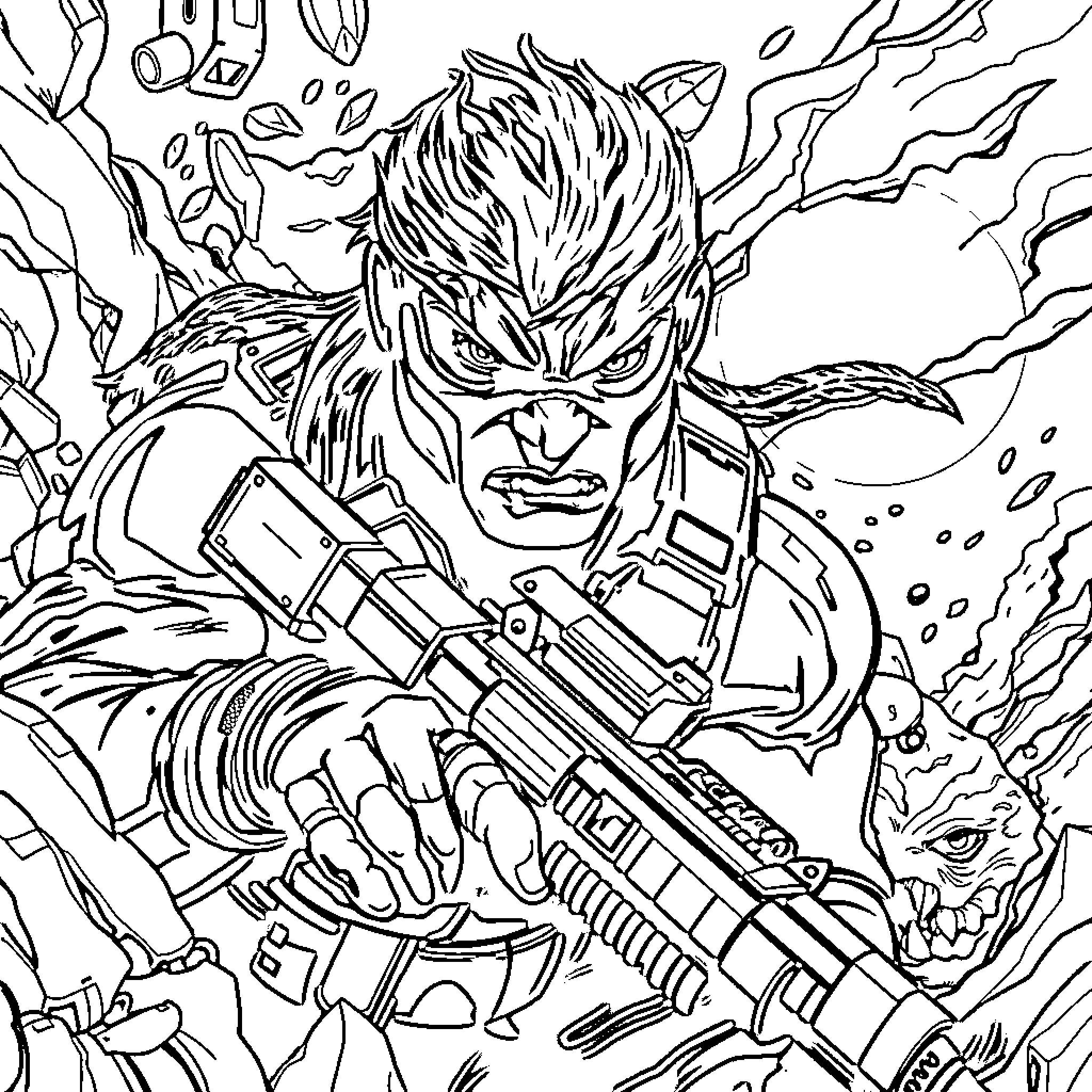 Solid Snake in action-packed combat scene Coloring Page (free black-and-white line drawing printable PDF for all, from beginners to advanced learners, including children, teens, adults, and seniors)