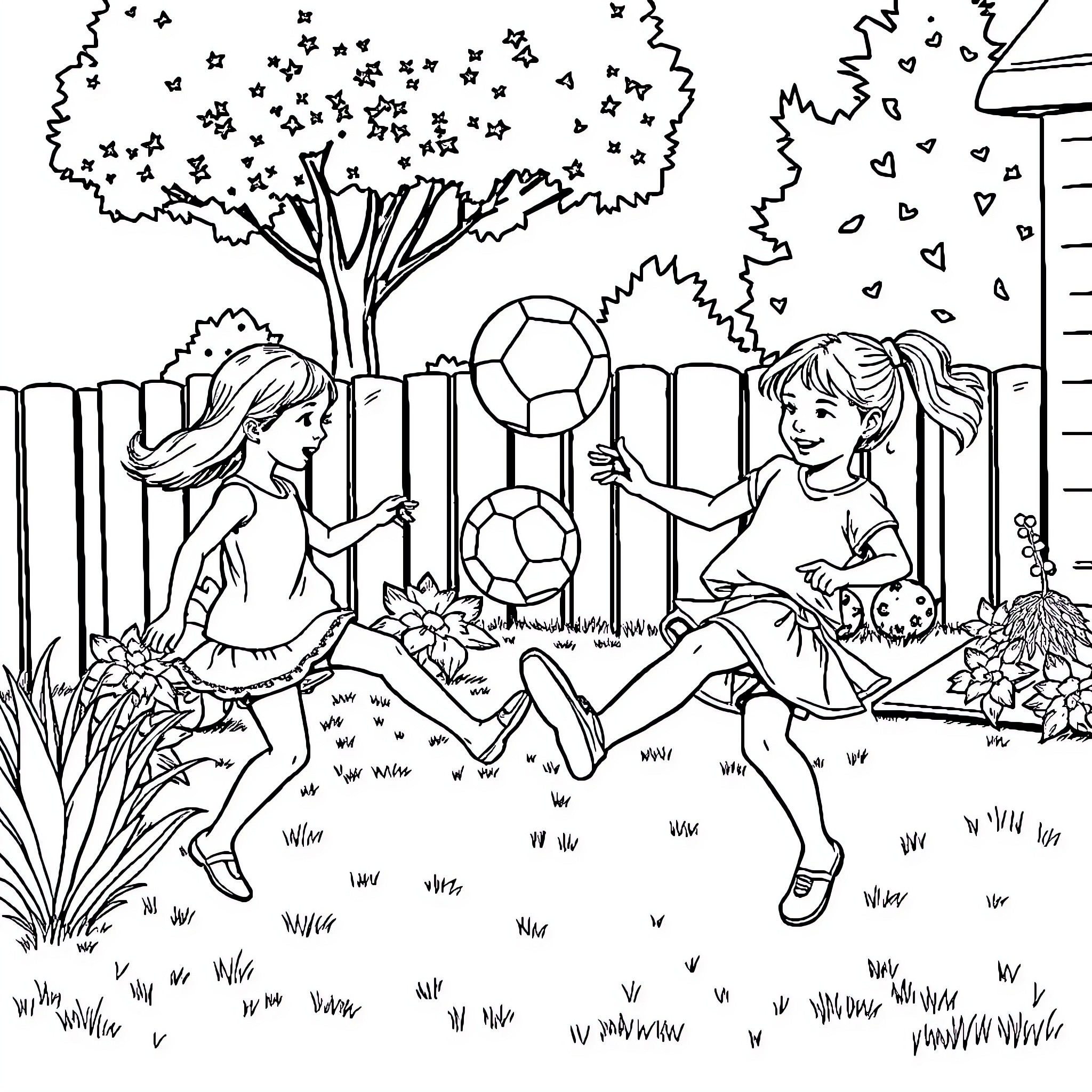 Daughters playing joyfully with soccer balls in the park Coloring Page (free black-and-white line drawing printable PDF for all, from beginners to advanced learners, including children, teens, adults, and seniors)