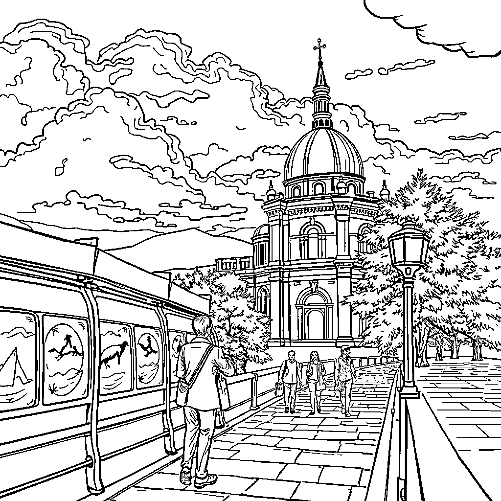 Horse-drawn carriage ride through a historic city Coloring Page (free black-and-white line drawing printable PDF for all, from beginners to advanced learners, including children, teens, adults, and seniors)