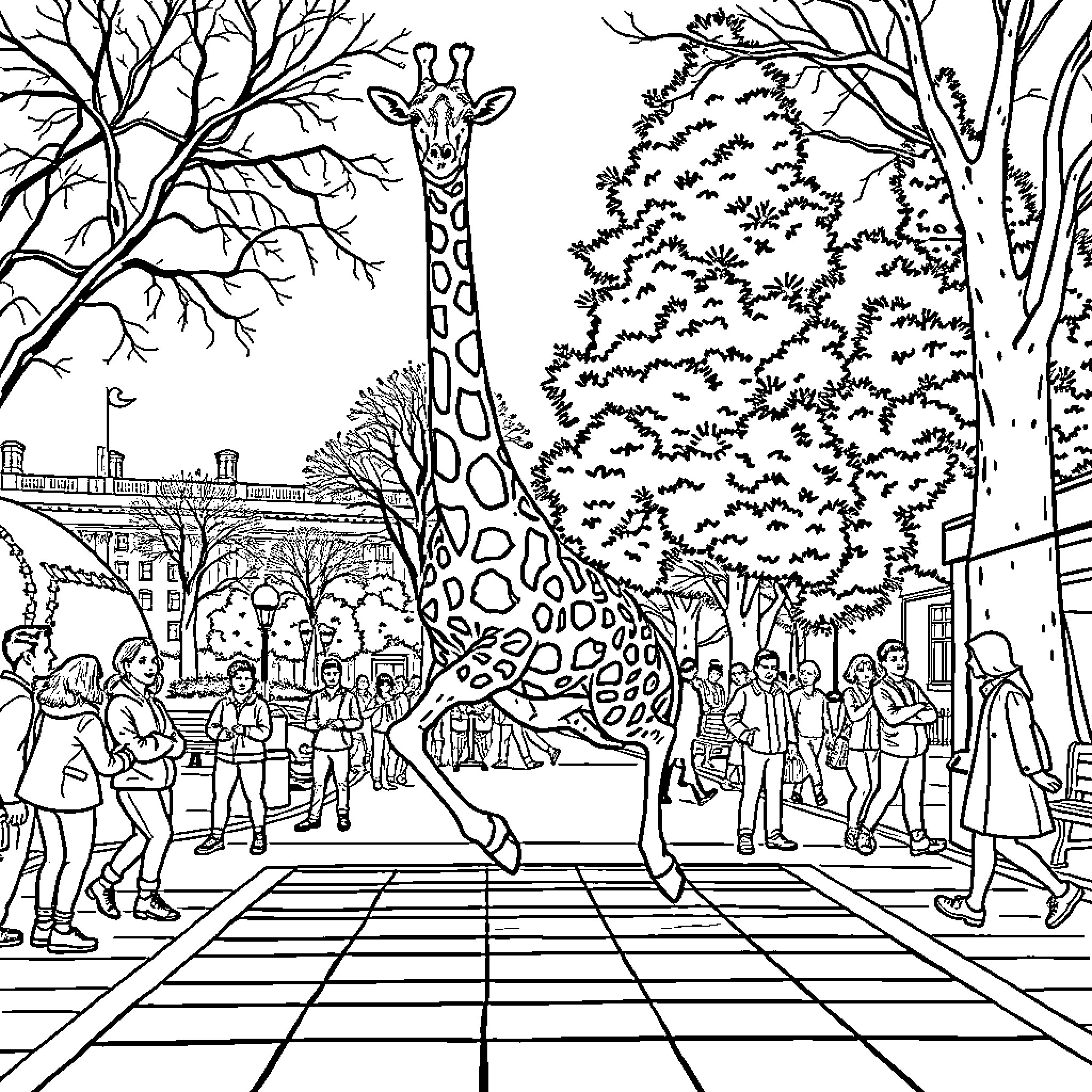 Giraffe sculpture in a city park Coloring Page (free black-and-white line drawing printable PDF for all, from beginners to advanced learners, including children, teens, adults, and seniors)