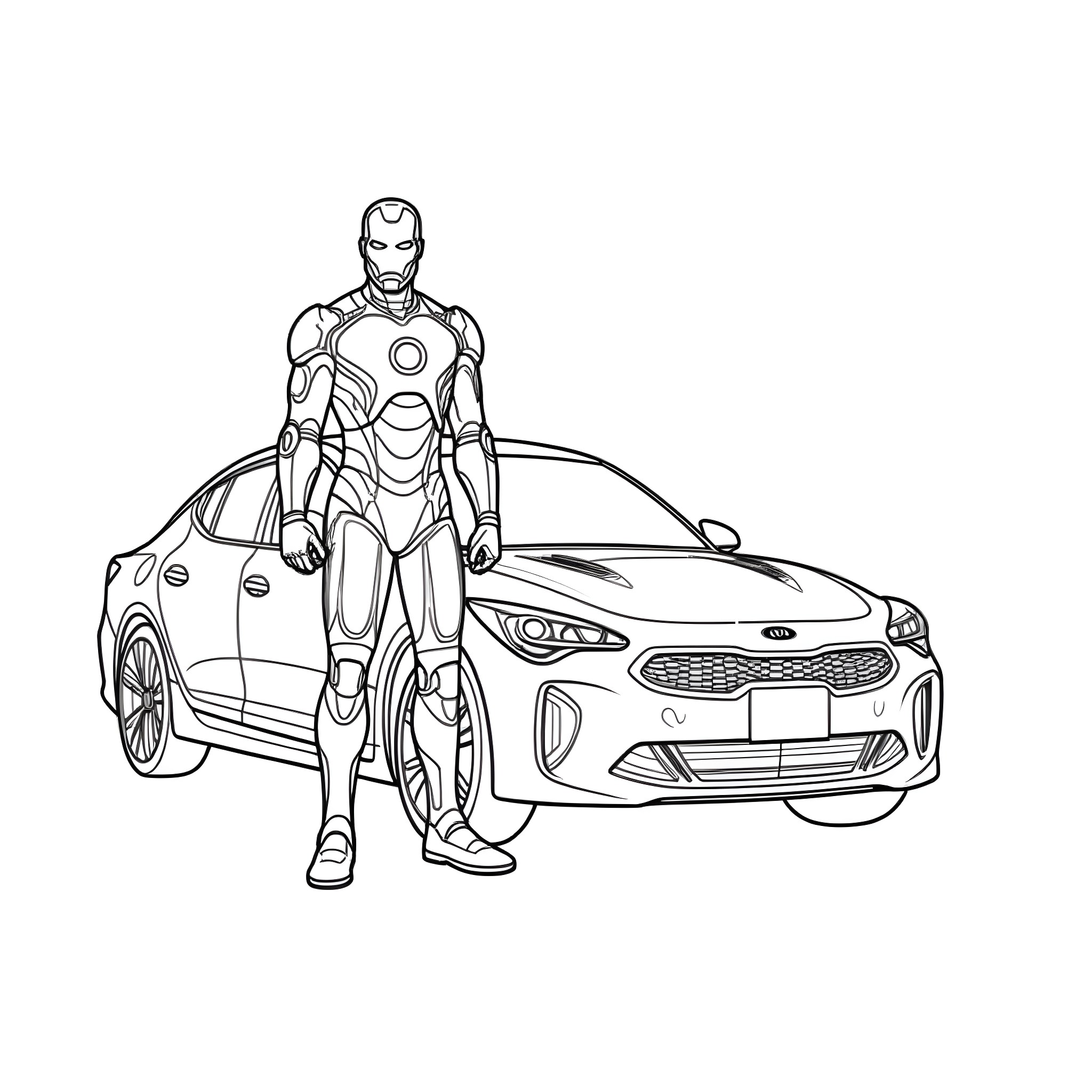 Ironman standing heroically next to futuristic vehicle Coloring Page (free black-and-white line drawing printable PDF for all, from beginners to advanced learners, including children, teens, adults, and seniors)