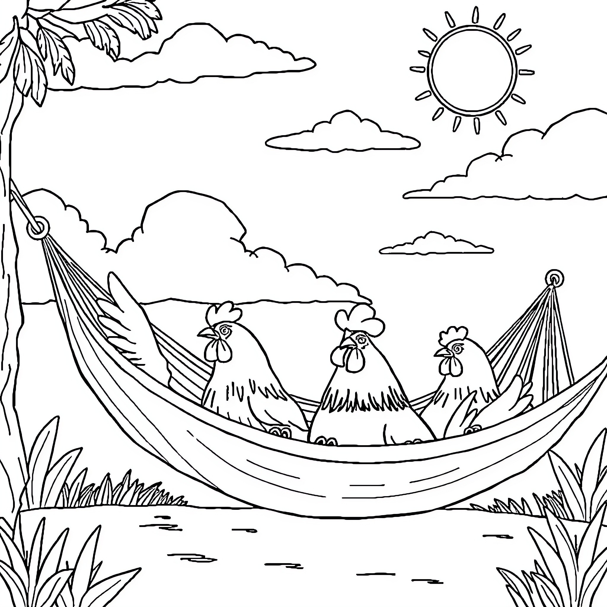 Chickens resting in a hammock under the sun Coloring Page (free black-and-white line drawing printable PDF for all, from beginners to advanced learners, including children, teens, adults, and seniors)