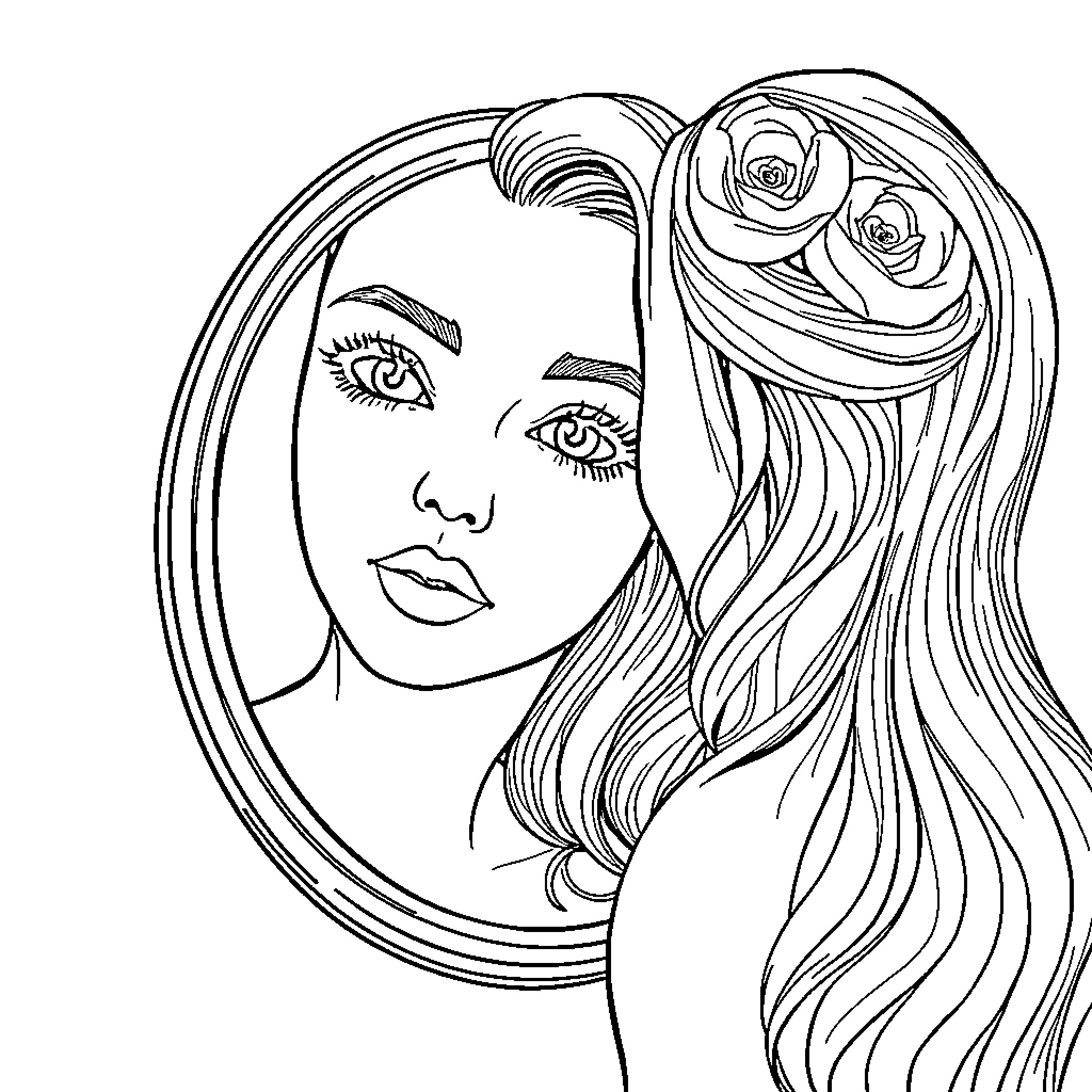 Self Portrait of a Pensive Woman in Floral Headpiece Coloring Page (free black-and-white line drawing printable PDF for all, from beginners to advanced learners, including children, teens, adults, and seniors)
