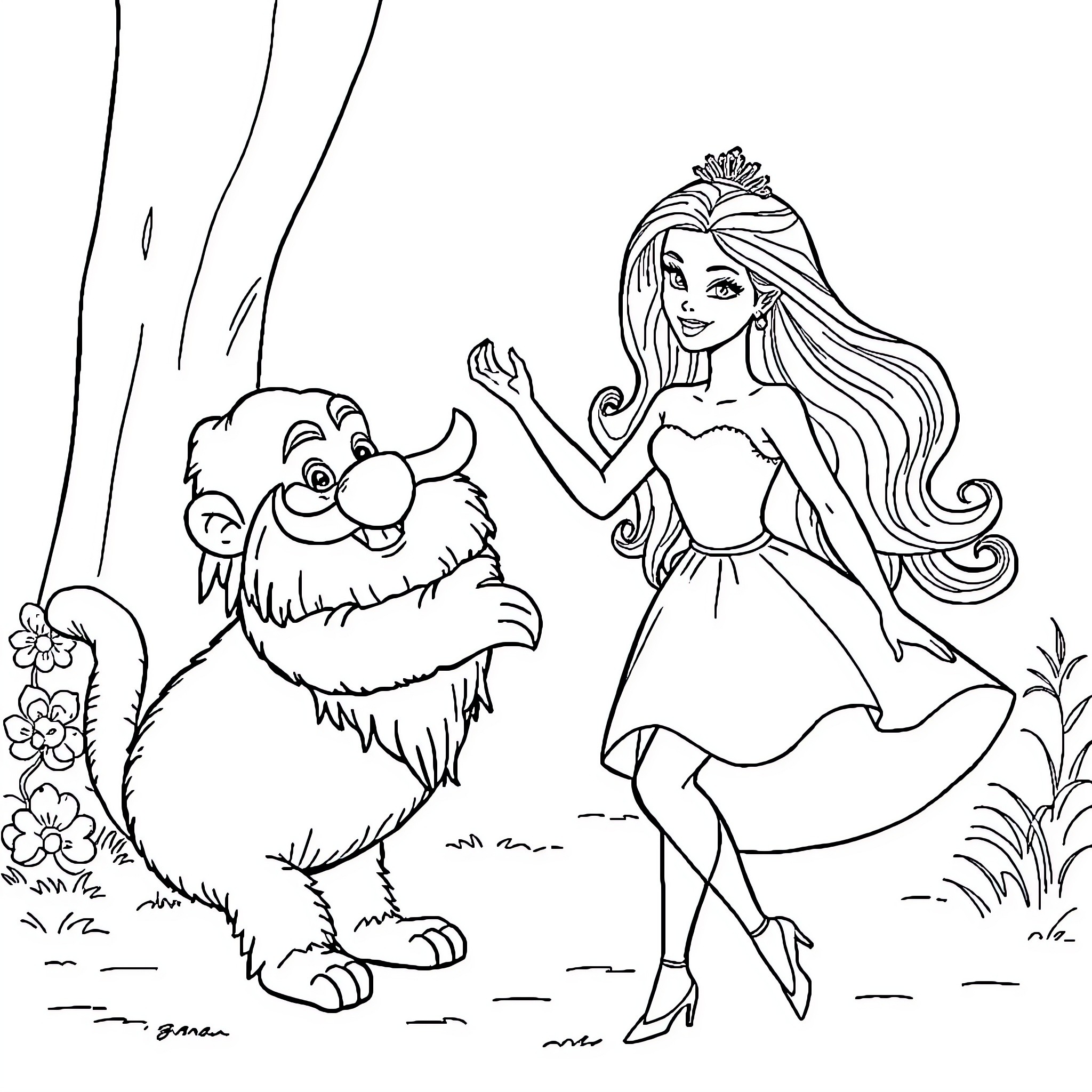 Barbie spending time with a friendly forest creature Coloring Page (free black-and-white line drawing printable PDF for all, from beginners to advanced learners, including children, teens, adults, and seniors)