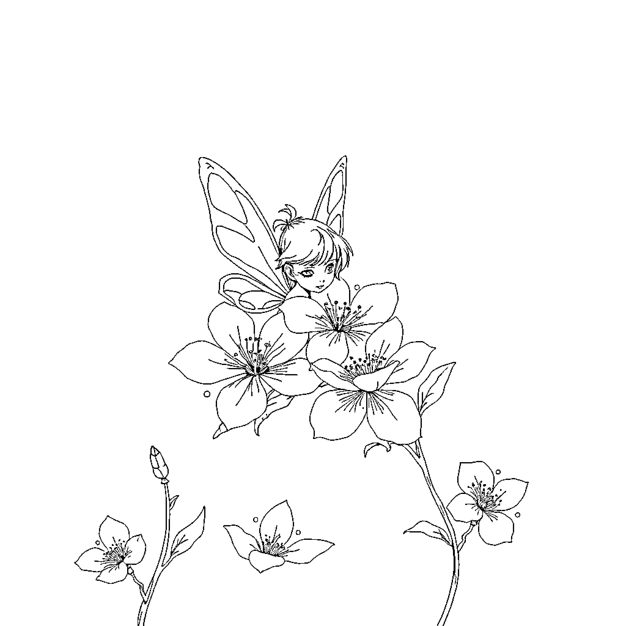 Fairy resting among blossoming flowers Coloring Page (free black-and-white line drawing printable PDF for all, from beginners to advanced learners, including children, teens, adults, and seniors)
