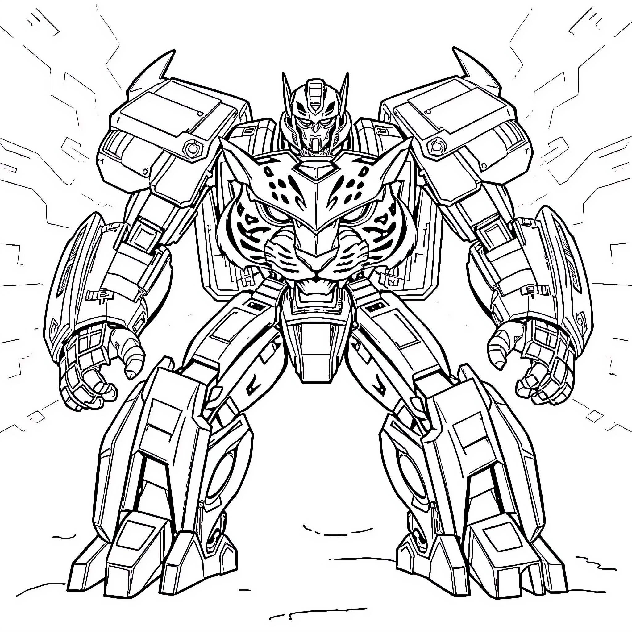 Tiger Robot Warrior in Action Pose Coloring Page (free black-and-white line drawing printable PDF for all, from beginners to advanced learners, including children, teens, adults, and seniors)