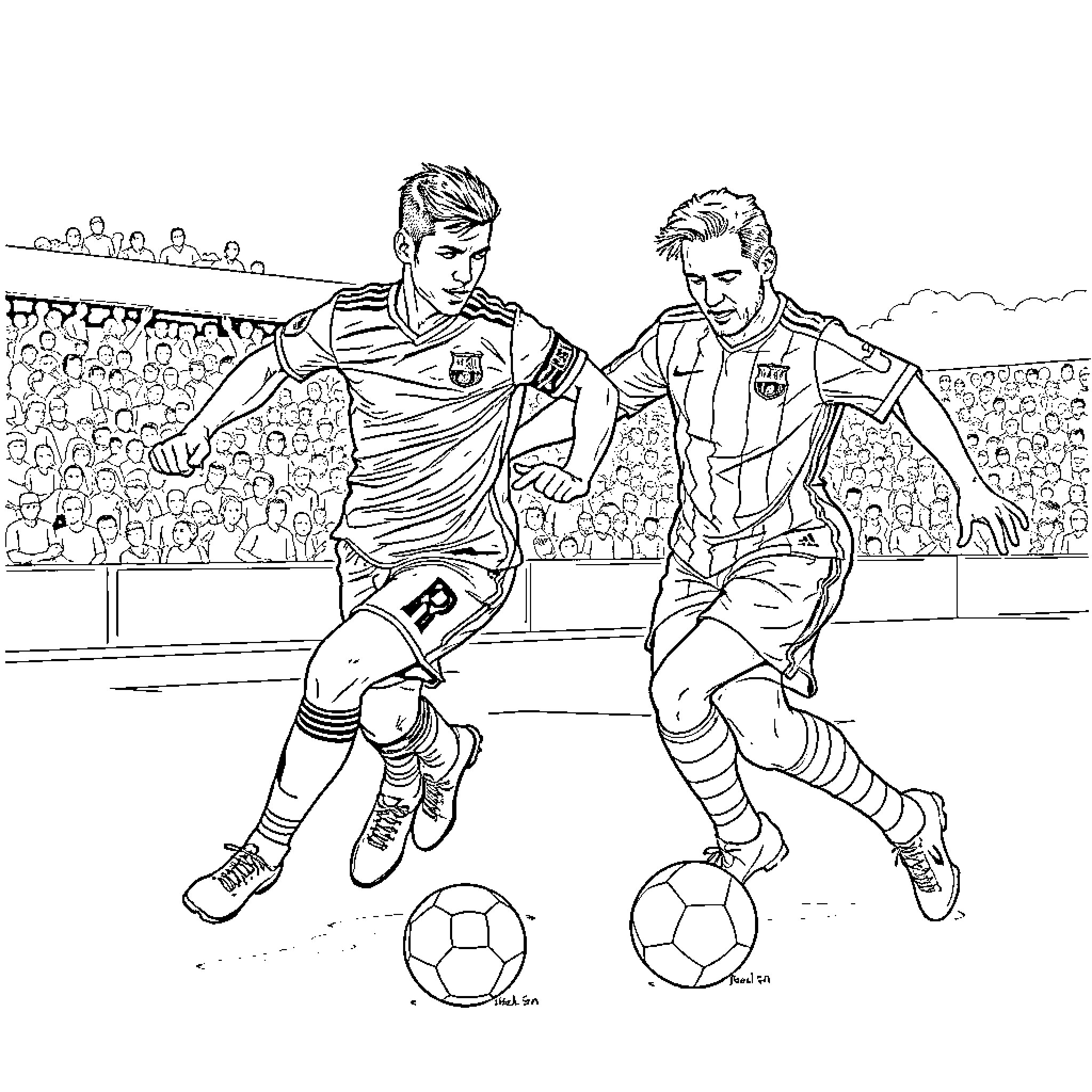 Ronaldo Players Competing on the Soccer Field Coloring Page (free black-and-white line drawing printable PDF for all, from beginners to advanced learners, including children, teens, adults, and seniors)