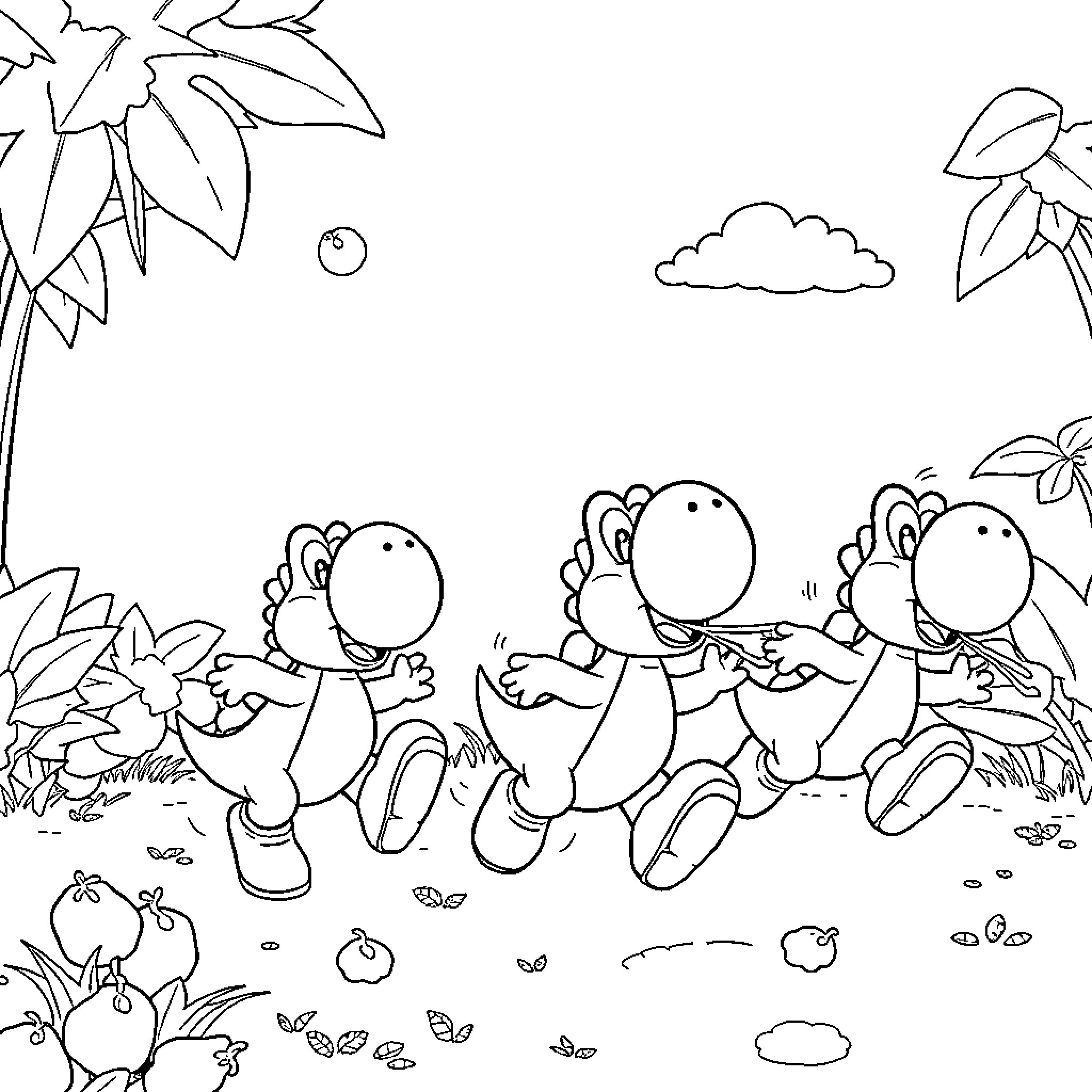 Yoshi characters running and playing in a tropical setting Coloring Page (free black-and-white line drawing printable PDF for all, from beginners to advanced learners, including children, teens, adults, and seniors)