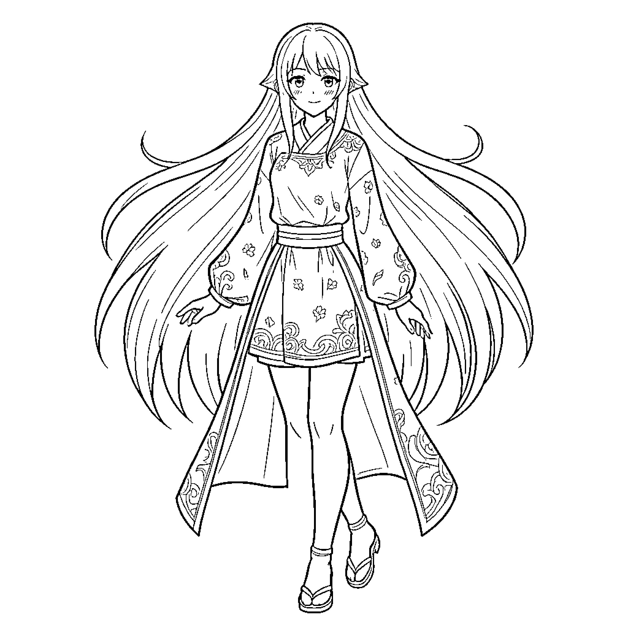 Miu Furinji in Elegant Kimono Attire Coloring Page (free black-and-white line drawing printable PDF for all, from beginners to advanced learners, including children, teens, adults, and seniors)