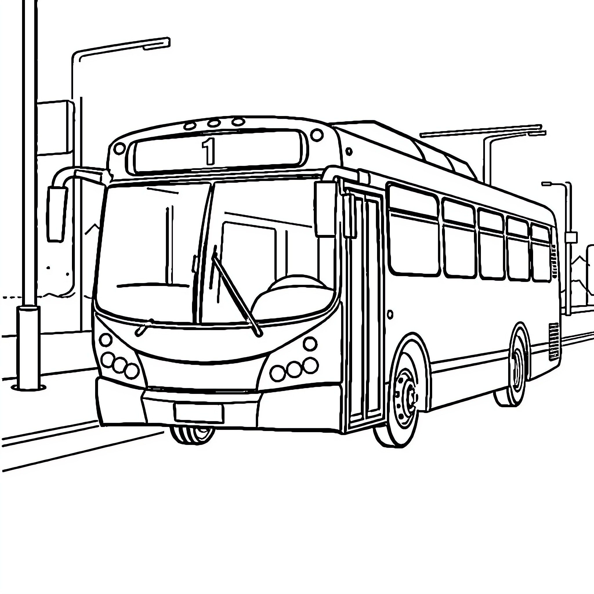 Bus parked at a station with passengers Coloring Page (free black-and-white line drawing printable PDF for all, from beginners to advanced learners, including children, teens, adults, and seniors)