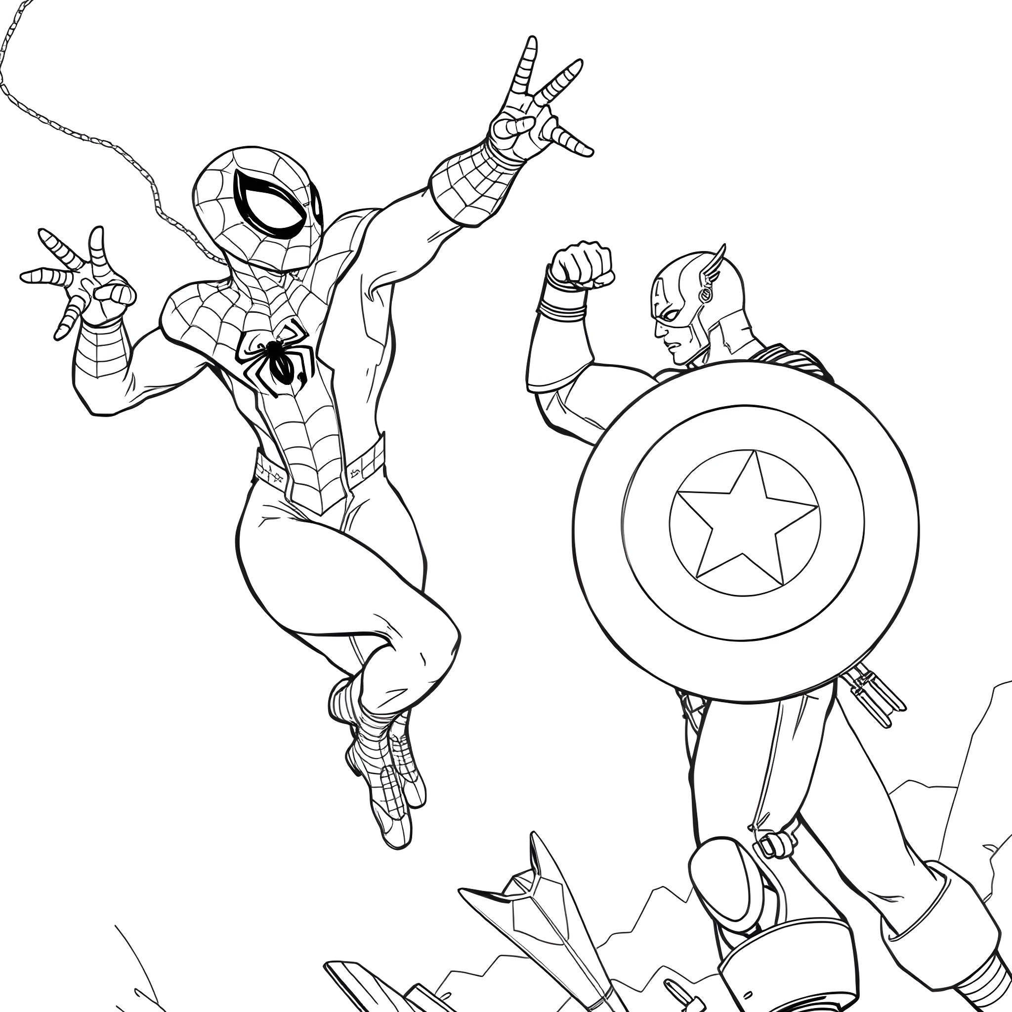 Spiderman and Captain America in action scene Coloring Page (free black-and-white line drawing printable PDF for all, from beginners to advanced learners, including children, teens, adults, and seniors)