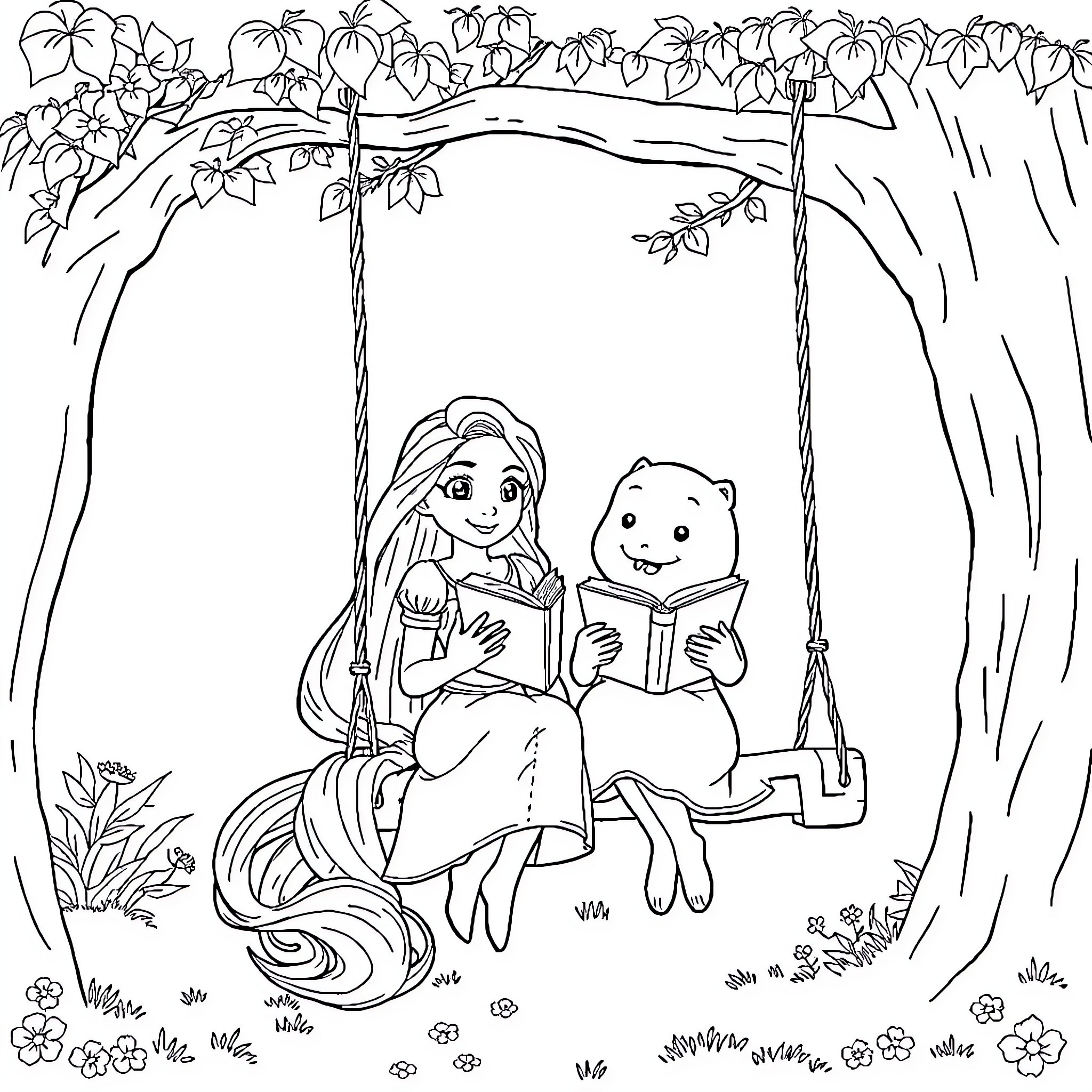 Rapunzel reading a book with a furry companion Coloring Page (free black-and-white line drawing printable PDF for all, from beginners to advanced learners, including children, teens, adults, and seniors)