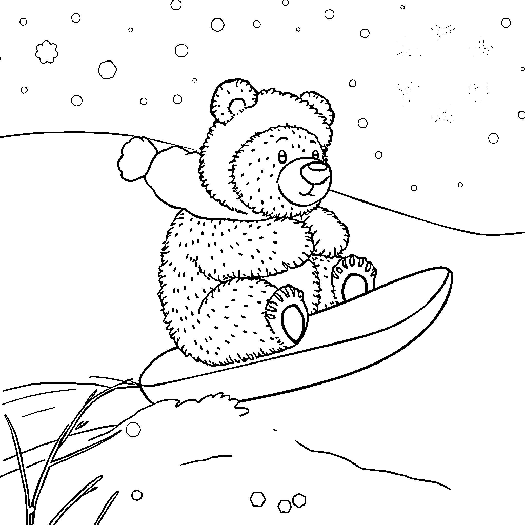 Brown Bear Sledding in Snowy Winter Scene Coloring Page (free black-and-white line drawing printable PDF for all, from beginners to advanced learners, including children, teens, adults, and seniors)