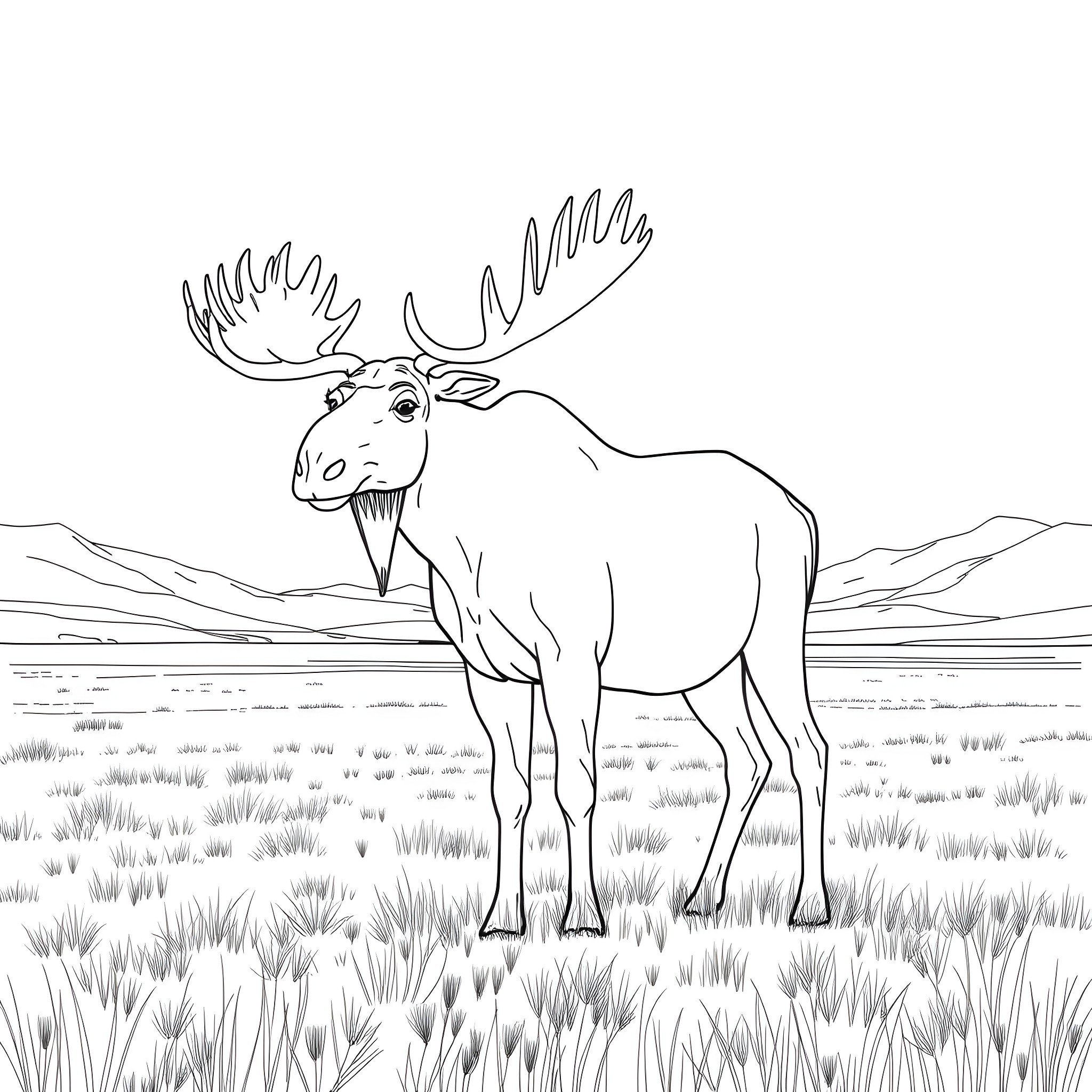 Moose standing in a grassy field Coloring Page (free black-and-white line drawing printable PDF for all, from beginners to advanced learners, including children, teens, adults, and seniors)