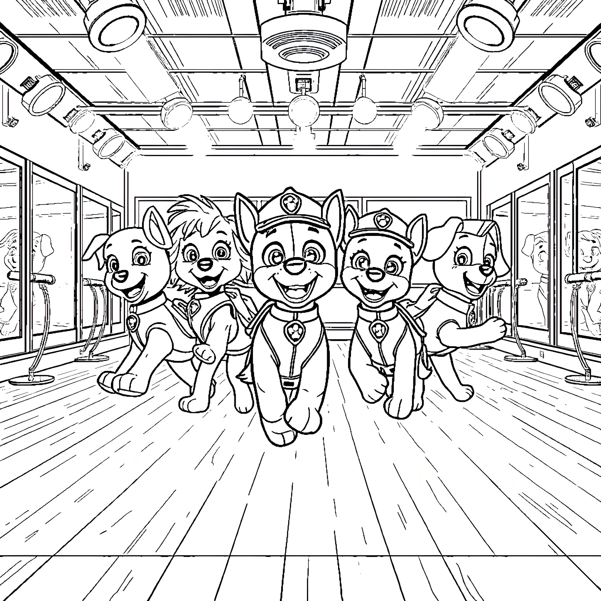 Paw Patrol Team in Action Coloring Page (free black-and-white line drawing printable PDF for all, from beginners to advanced learners, including children, teens, adults, and seniors)