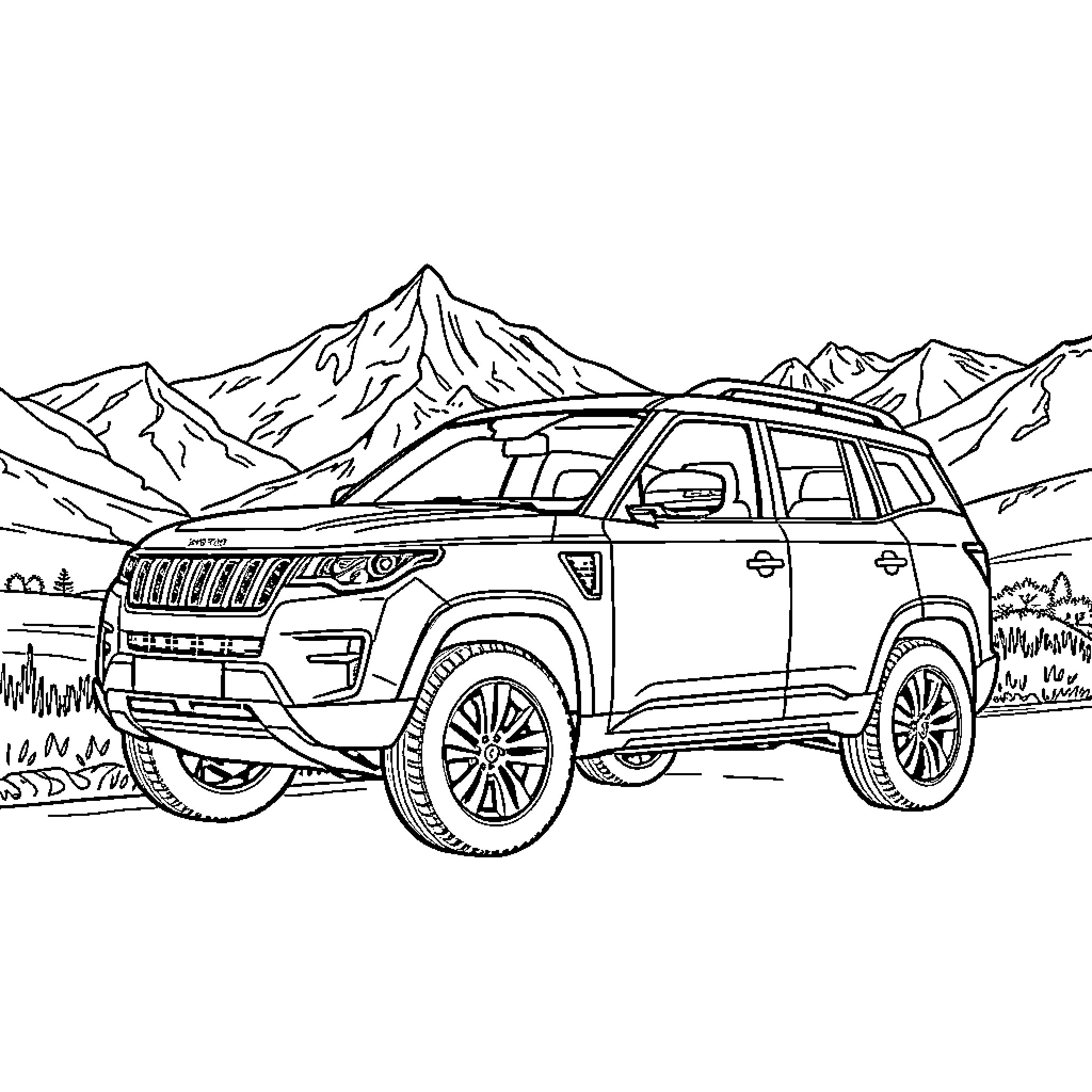 XUV700 exploring the majestic mountain landscape Coloring Page (free black-and-white line drawing printable PDF for all, from beginners to advanced learners, including children, teens, adults, and seniors)