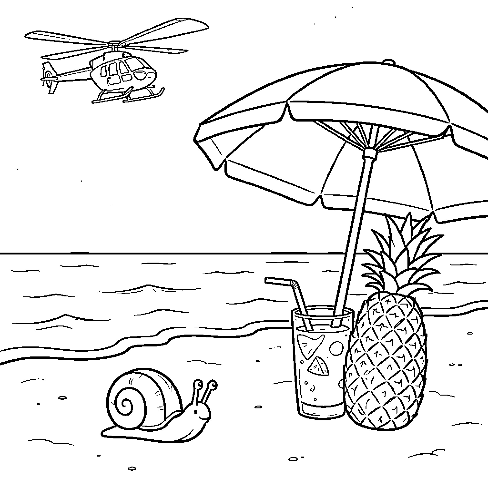 Snail relaxing on a beach near a pineapple Coloring Page (free black-and-white line drawing printable PDF for all, from beginners to advanced learners, including children, teens, adults, and seniors)