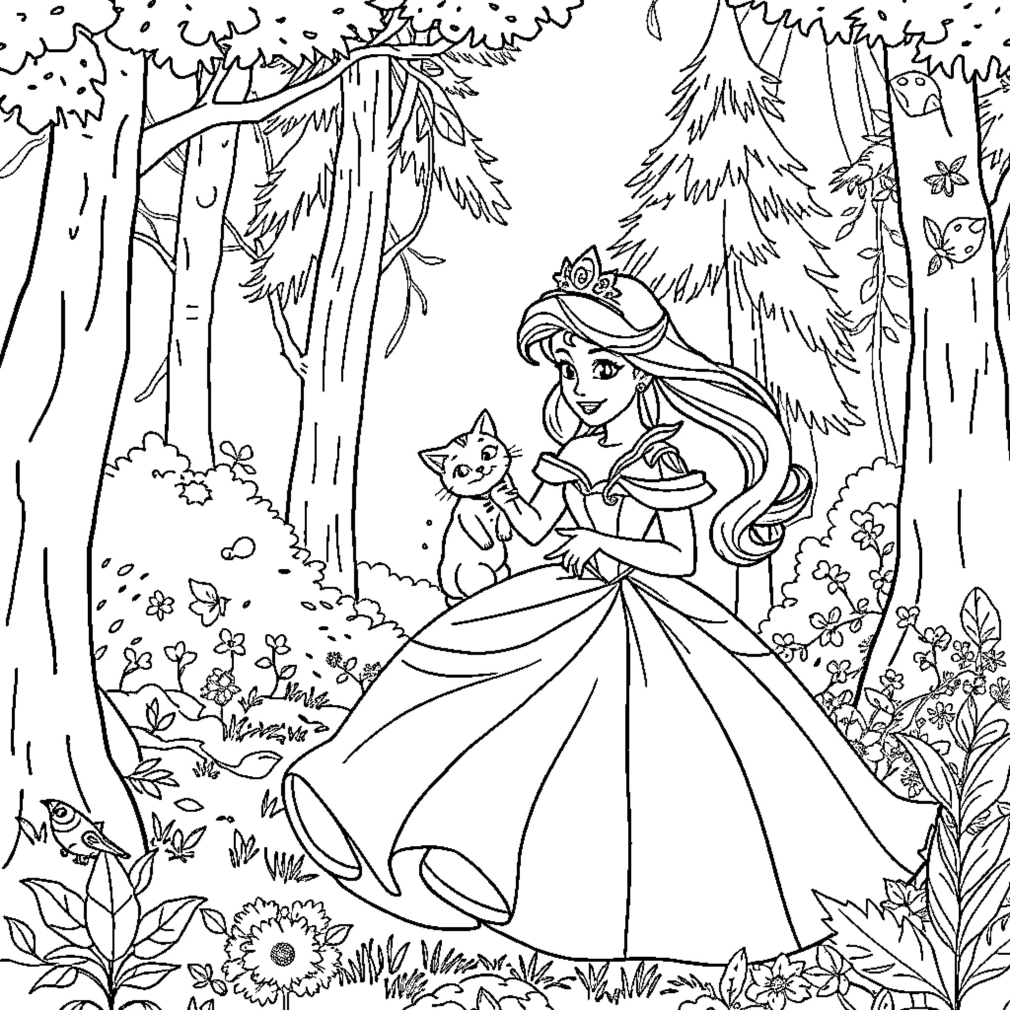 Princess exploring the enchanted forest with her pet Coloring Page (free black-and-white line drawing printable PDF for all, from beginners to advanced learners, including children, teens, adults, and seniors)