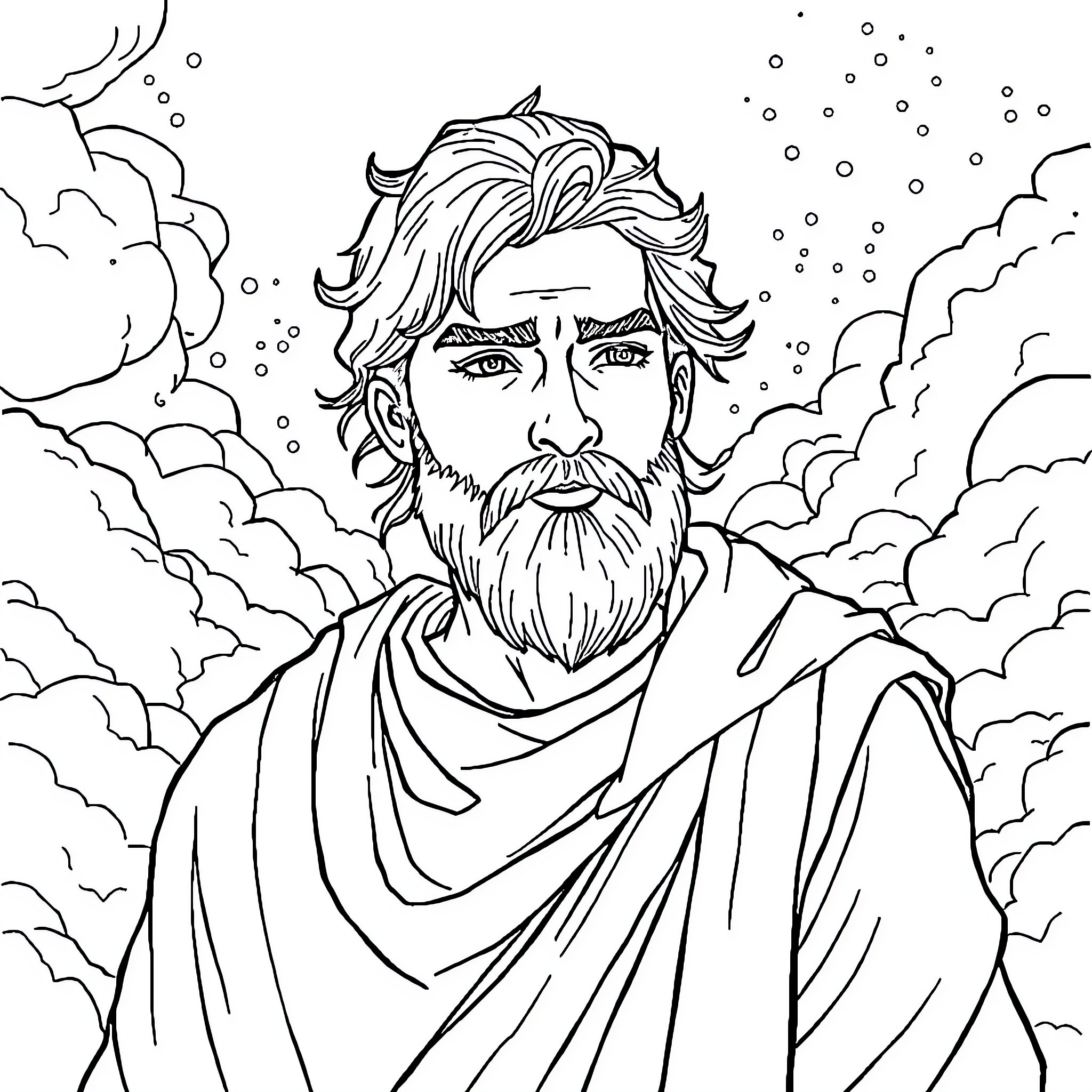 Hombre contemplating the heavens amidst the clouds Coloring Page (free black-and-white line drawing printable PDF for all, from beginners to advanced learners, including children, teens, adults, and seniors)