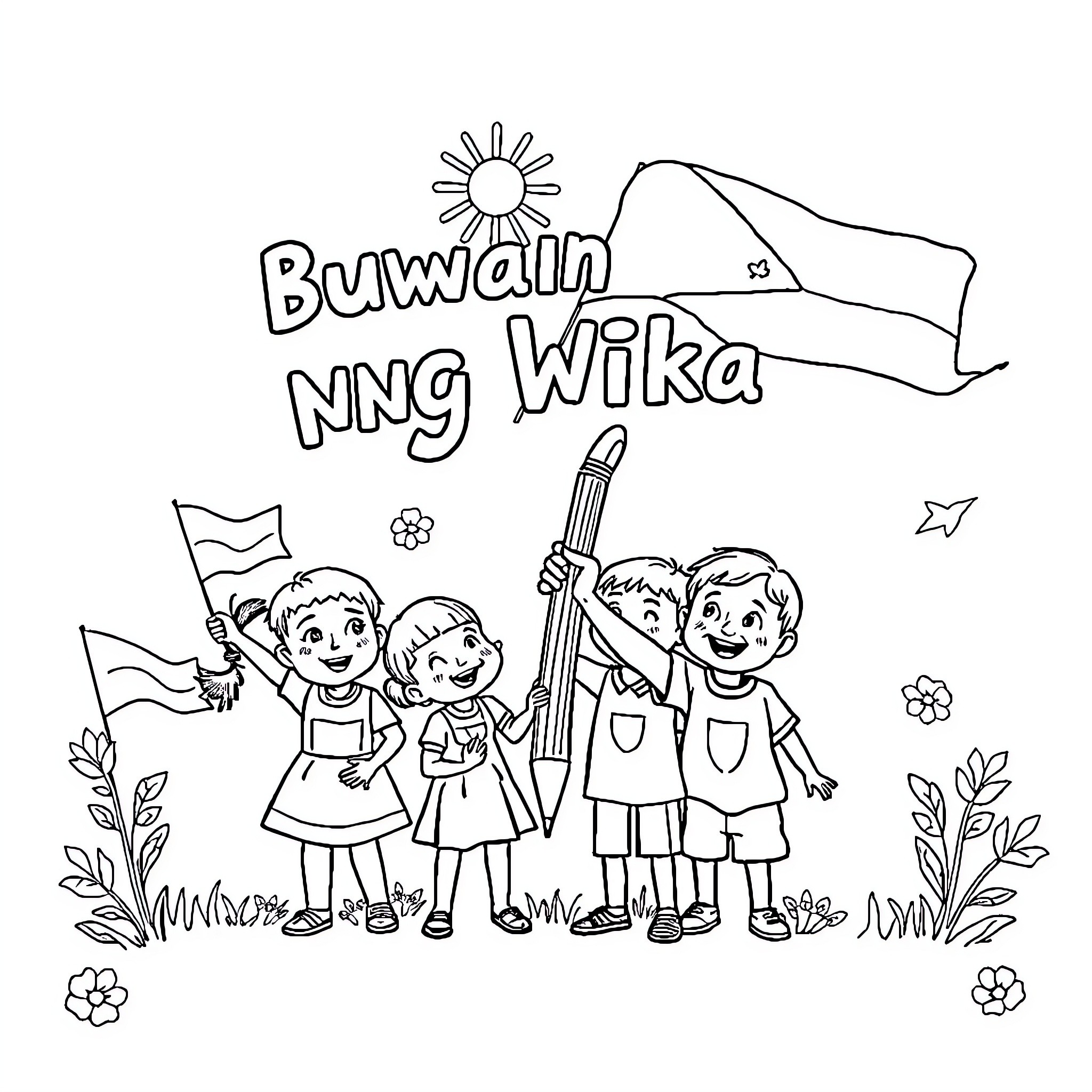 Buwan ng Wika: Children celebrating with flags and flowers Coloring Page (free black-and-white line drawing printable PDF for all, from beginners to advanced learners, including children, teens, adults, and seniors)