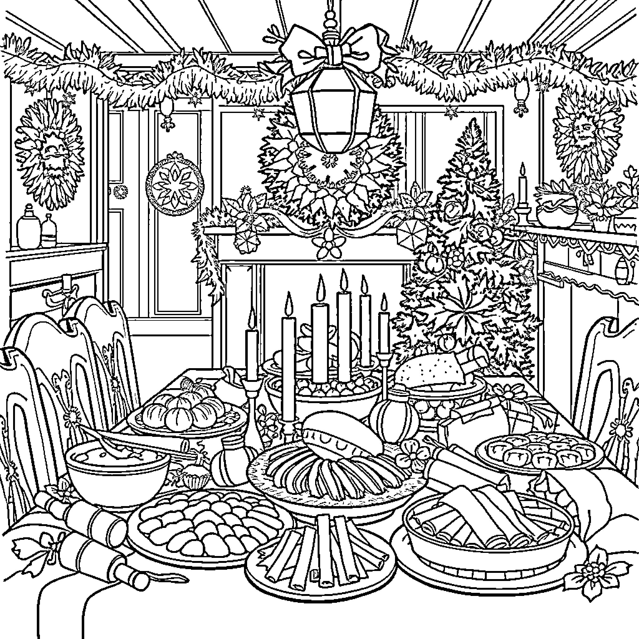 Christmas Feast with Festive Decorations and Delicacies Coloring Page (free black-and-white line drawing printable PDF for all, from beginners to advanced learners, including children, teens, adults, and seniors)