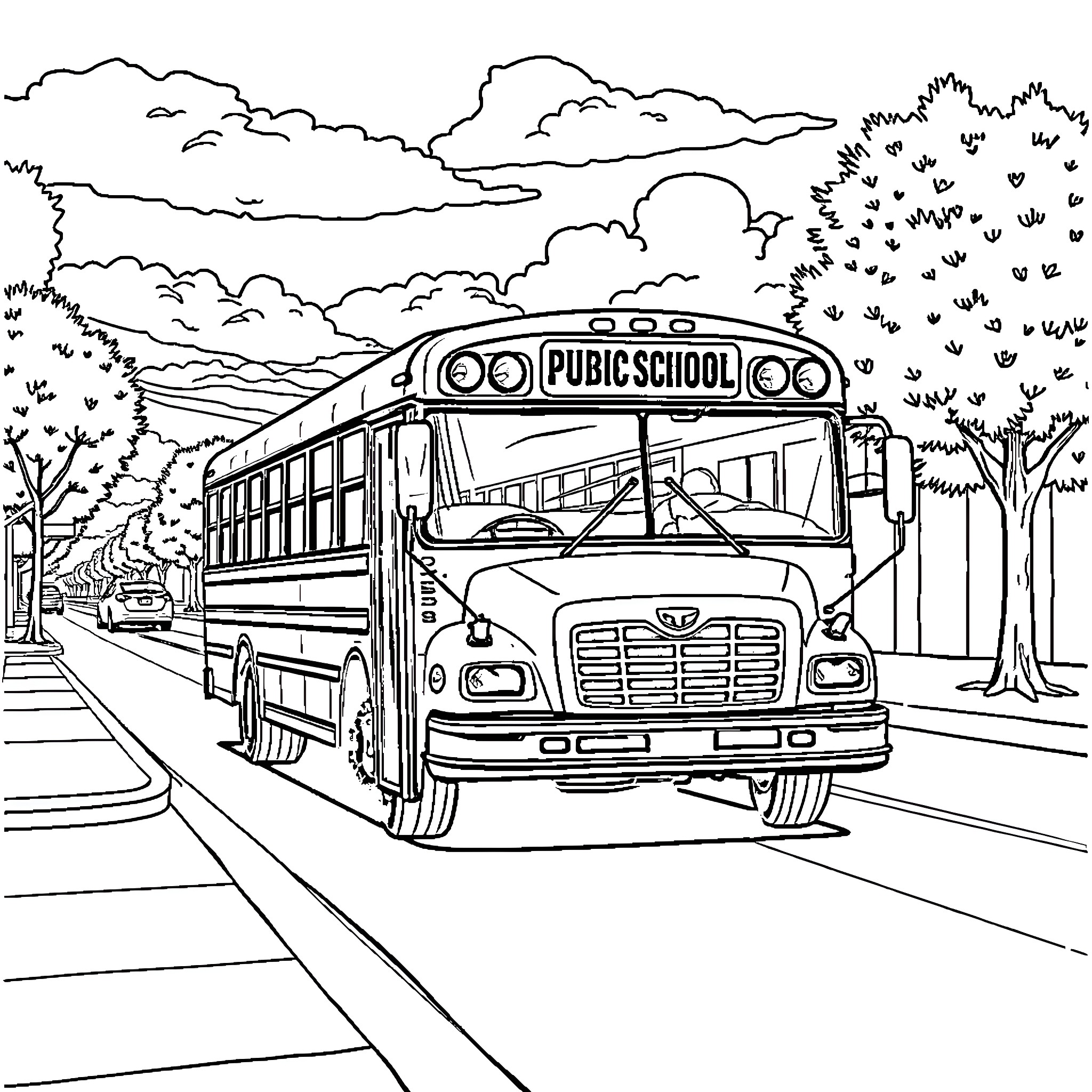 Bus transporting students on a scenic road Coloring Page (free black-and-white line drawing printable PDF for all, from beginners to advanced learners, including children, teens, adults, and seniors)