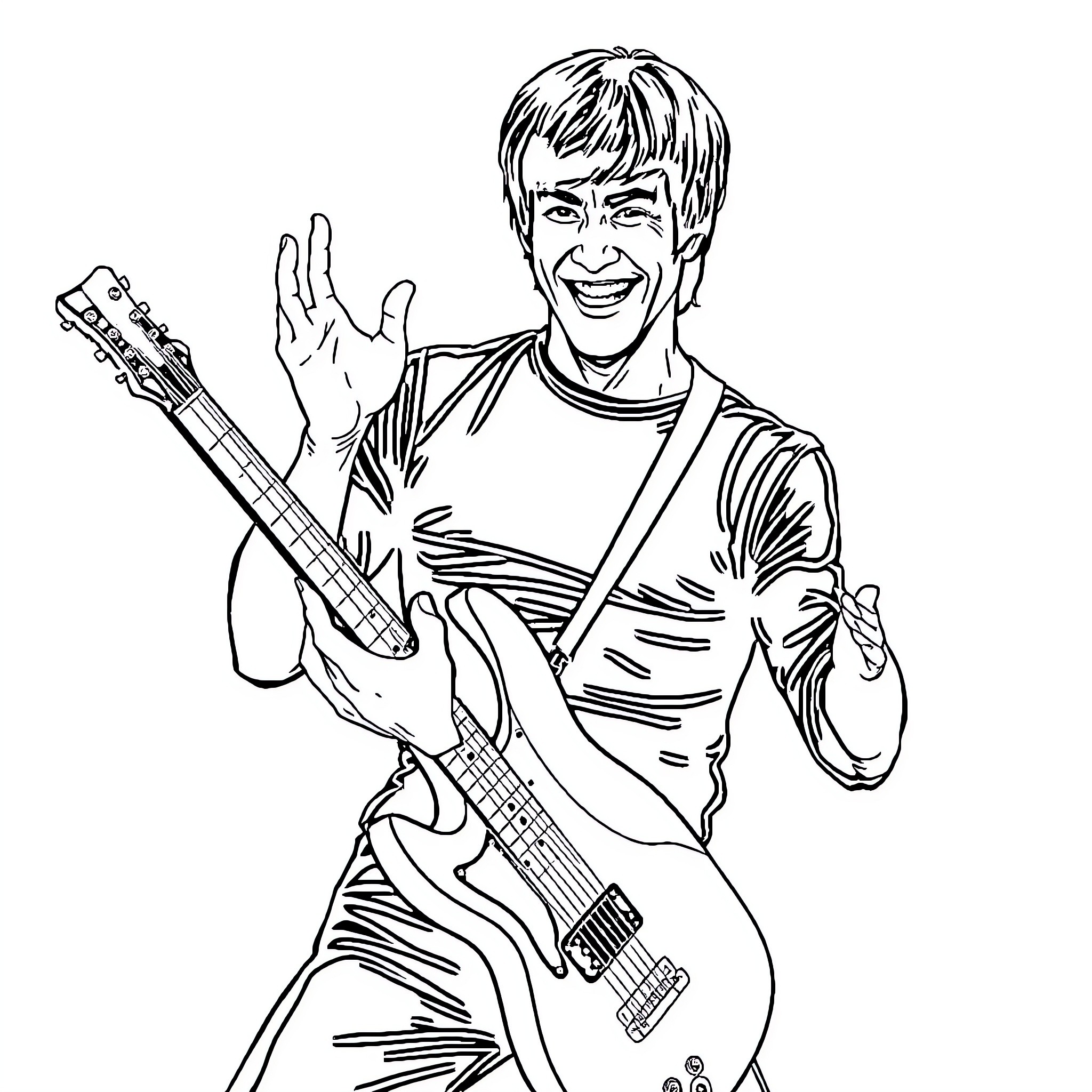 Bruce Lee Performing on Stage with Guitar Coloring Page (free black-and-white line drawing printable PDF for all, from beginners to advanced learners, including children, teens, adults, and seniors)