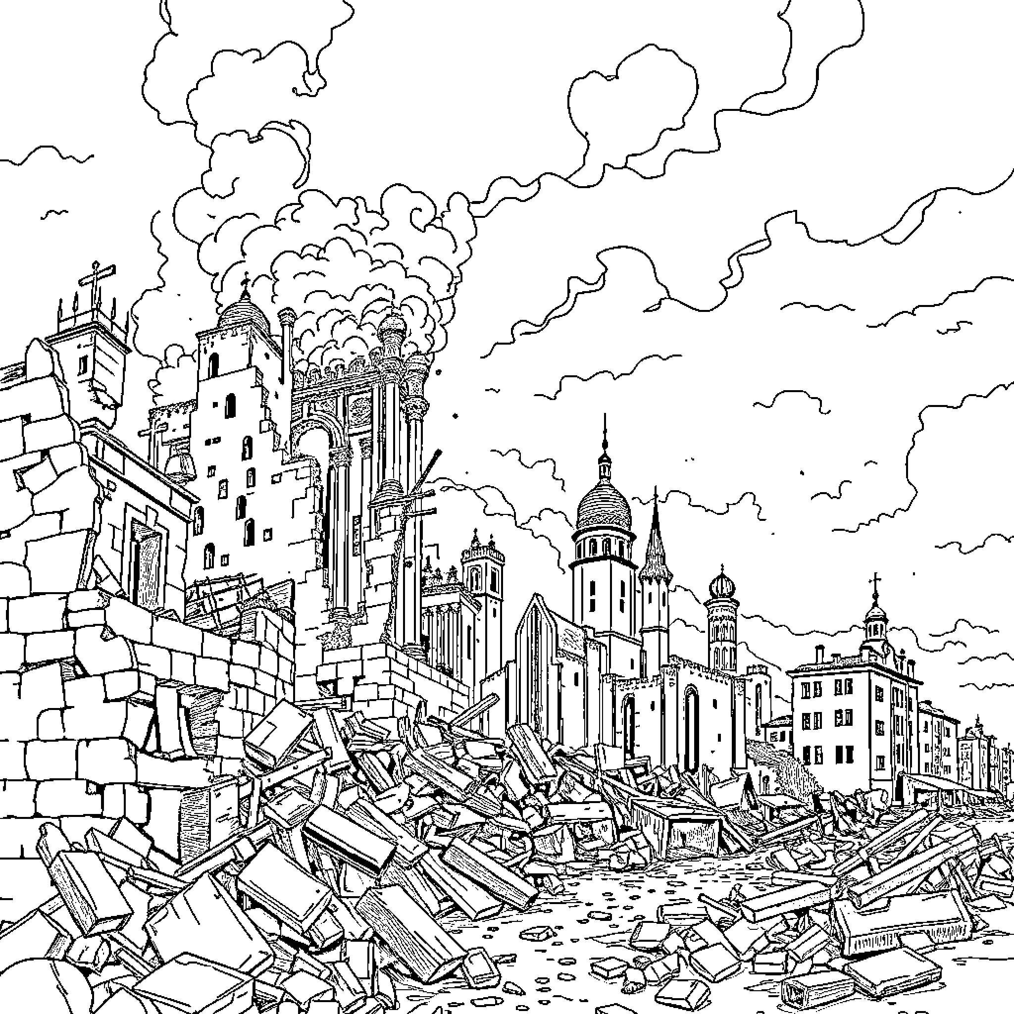 City of Destruction and Reconstruction Coloring Page (free black-and-white line drawing printable PDF for all, from beginners to advanced learners, including children, teens, adults, and seniors)