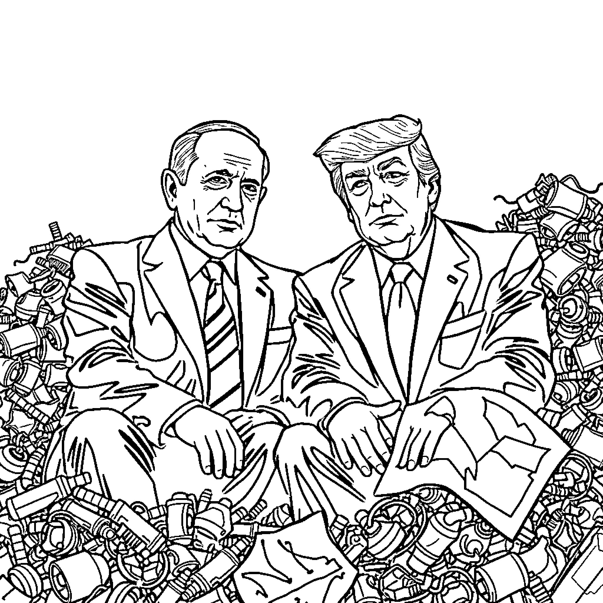 Netanyahu and Trump in Formal Attire Amid Cluttered Surroundings Coloring Page (free black-and-white line drawing printable PDF for all, from beginners to advanced learners, including children, teens, adults, and seniors)