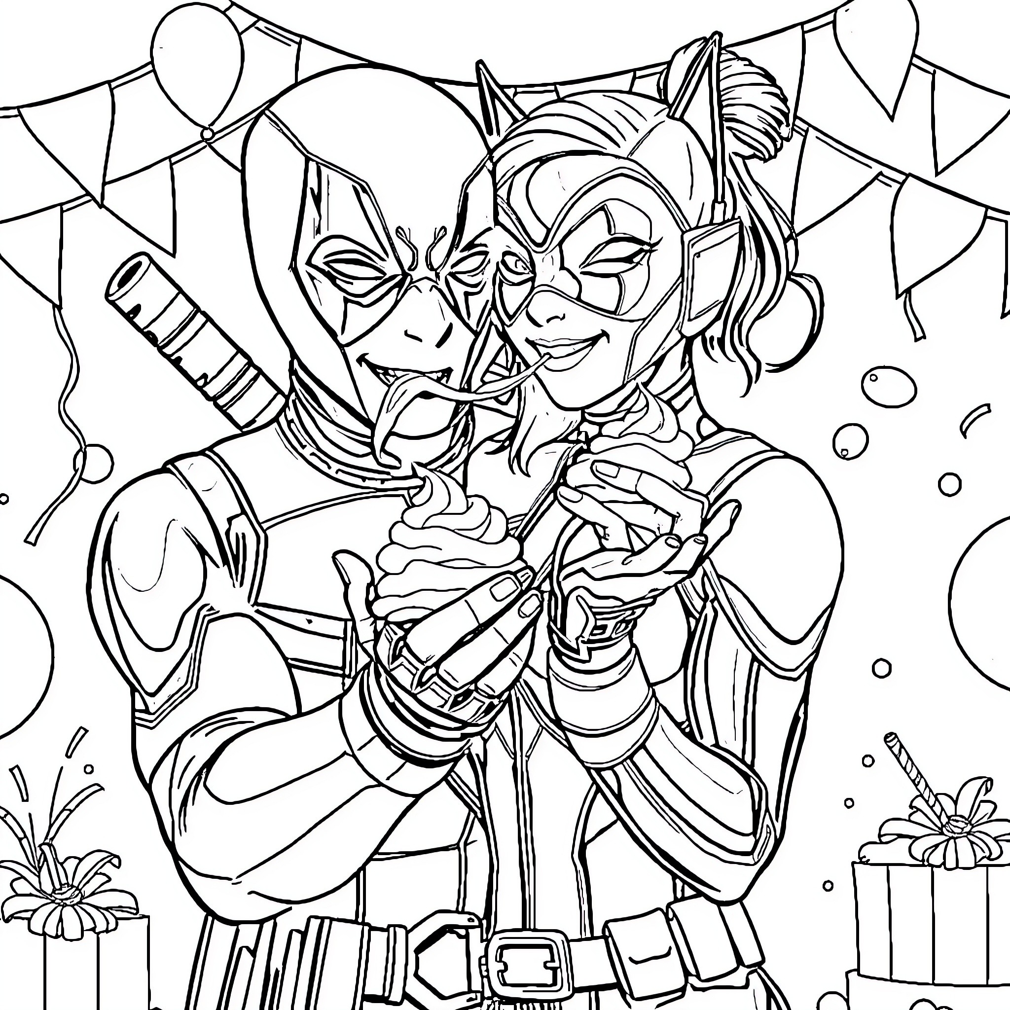 Deadpool and Harley Quinn Celebrate in Festive Costumes Coloring Page (free black-and-white line drawing printable PDF for all, from beginners to advanced learners, including children, teens, adults, and seniors)