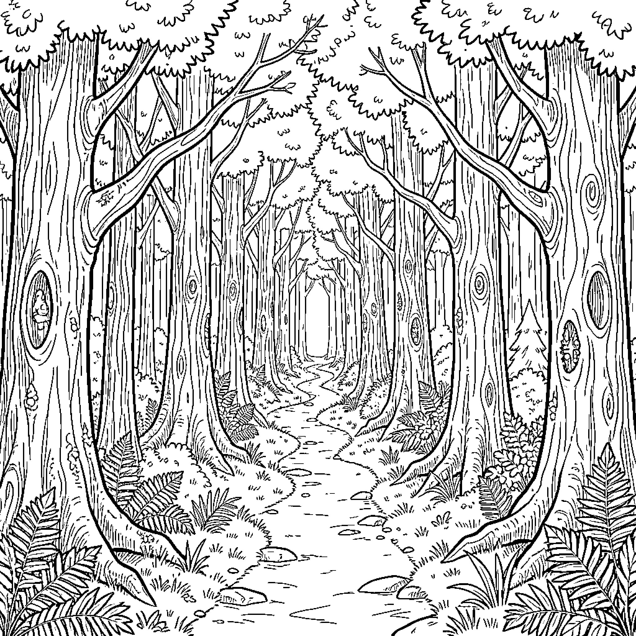 Forest path winding through dense tall trees Coloring Page (free black-and-white line drawing printable PDF for all, from beginners to advanced learners, including children, teens, adults, and seniors)