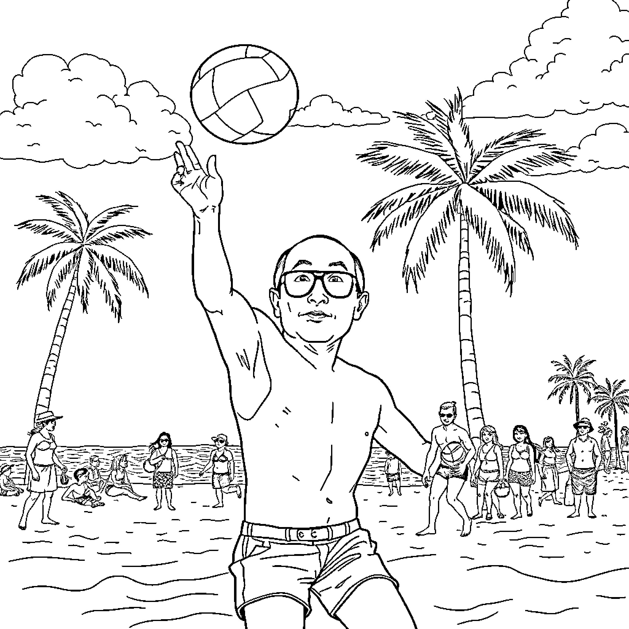 Putin enjoying a beach volleyball game Coloring Page (free black-and-white line drawing printable PDF for all, from beginners to advanced learners, including children, teens, adults, and seniors)