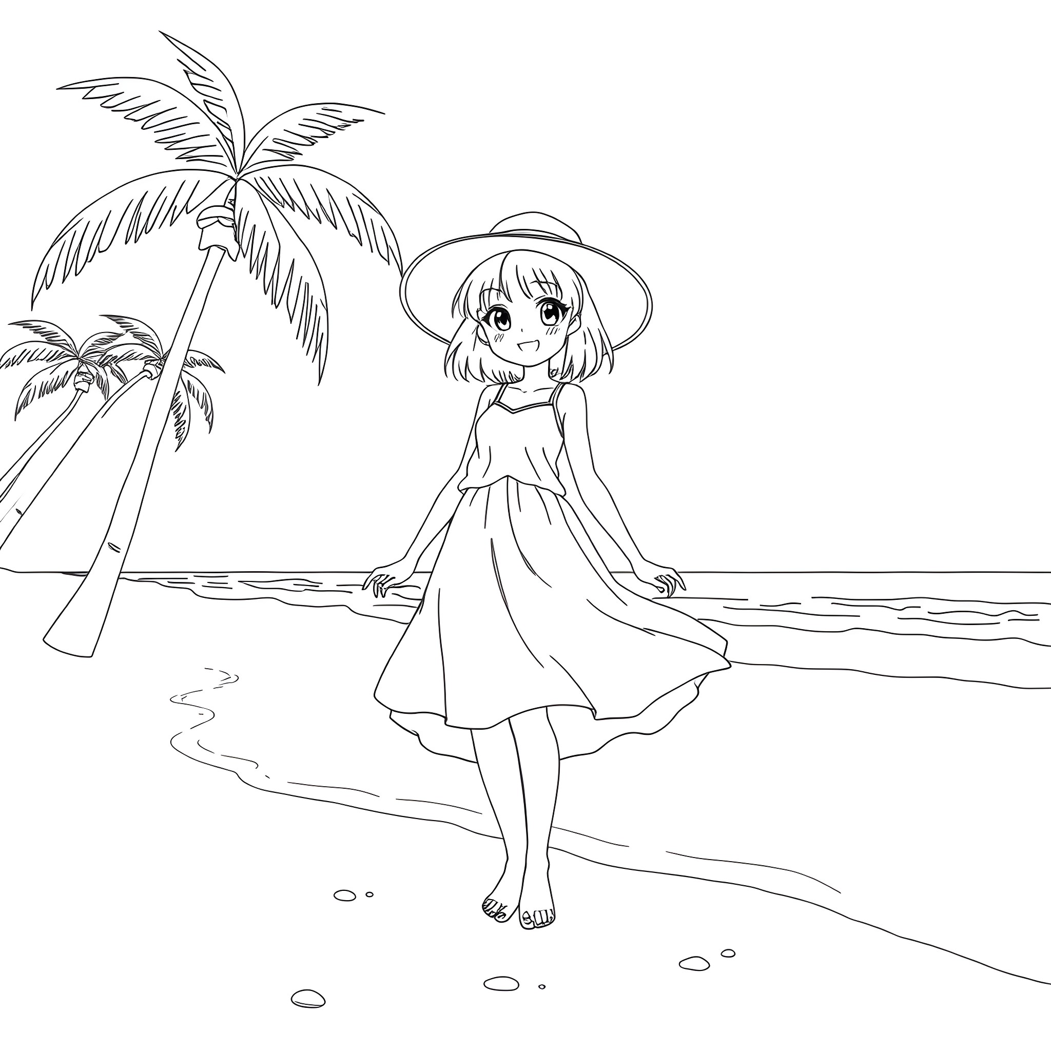 Anime Girl in Casual Summer Dress by the Beach Coloring Page (free black-and-white line drawing printable PDF for all, from beginners to advanced learners, including children, teens, adults, and seniors)