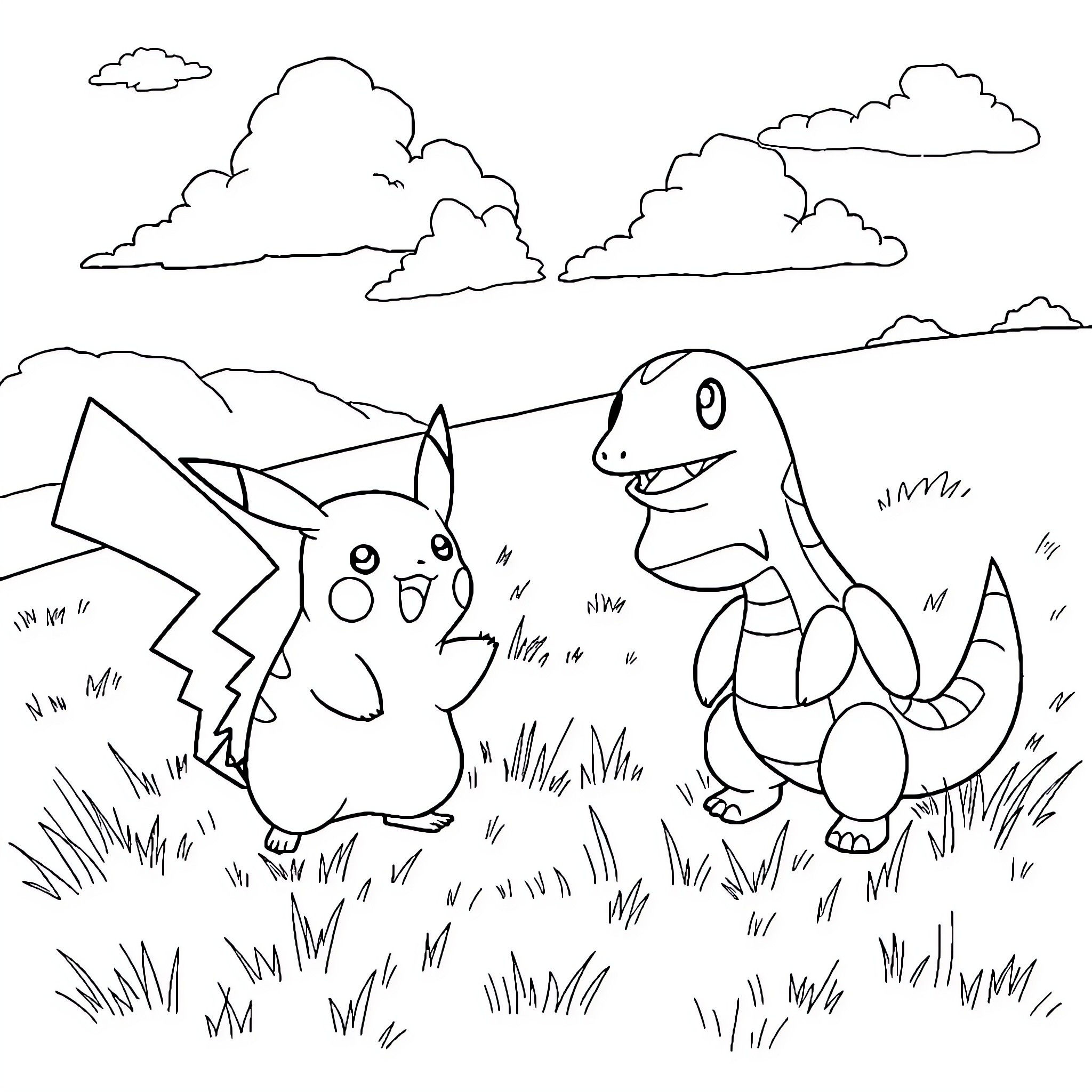 Pikachu and Charmander playing in a grassy field Coloring Page (free black-and-white line drawing printable PDF for all, from beginners to advanced learners, including children, teens, adults, and seniors)