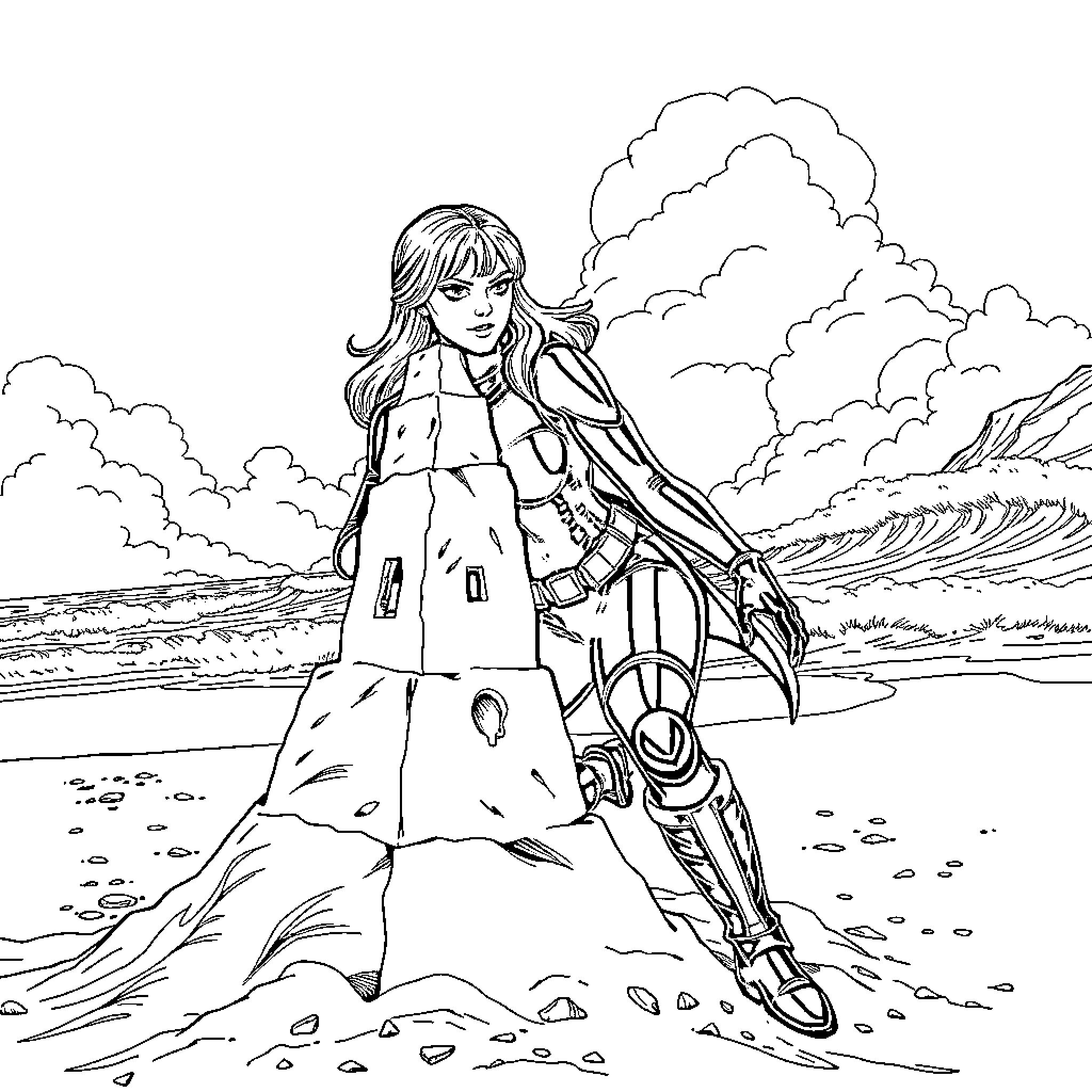 Baroness in an adventurous pose by the seashore Coloring Page (free black-and-white line drawing printable PDF for all, from beginners to advanced learners, including children, teens, adults, and seniors)