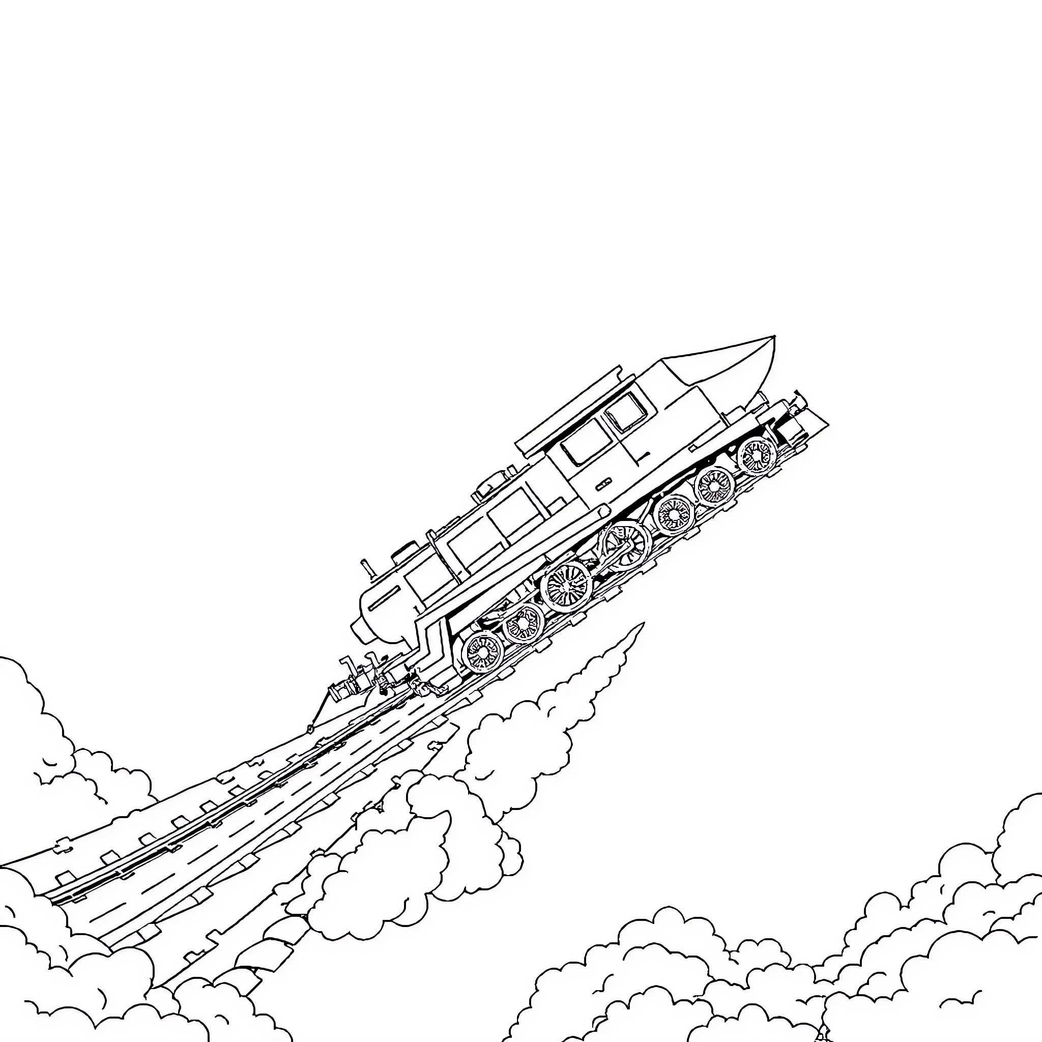 Flying Train Soaring Through Cloudy Skies Coloring Page (free black-and-white line drawing printable PDF for all, from beginners to advanced learners, including children, teens, adults, and seniors)