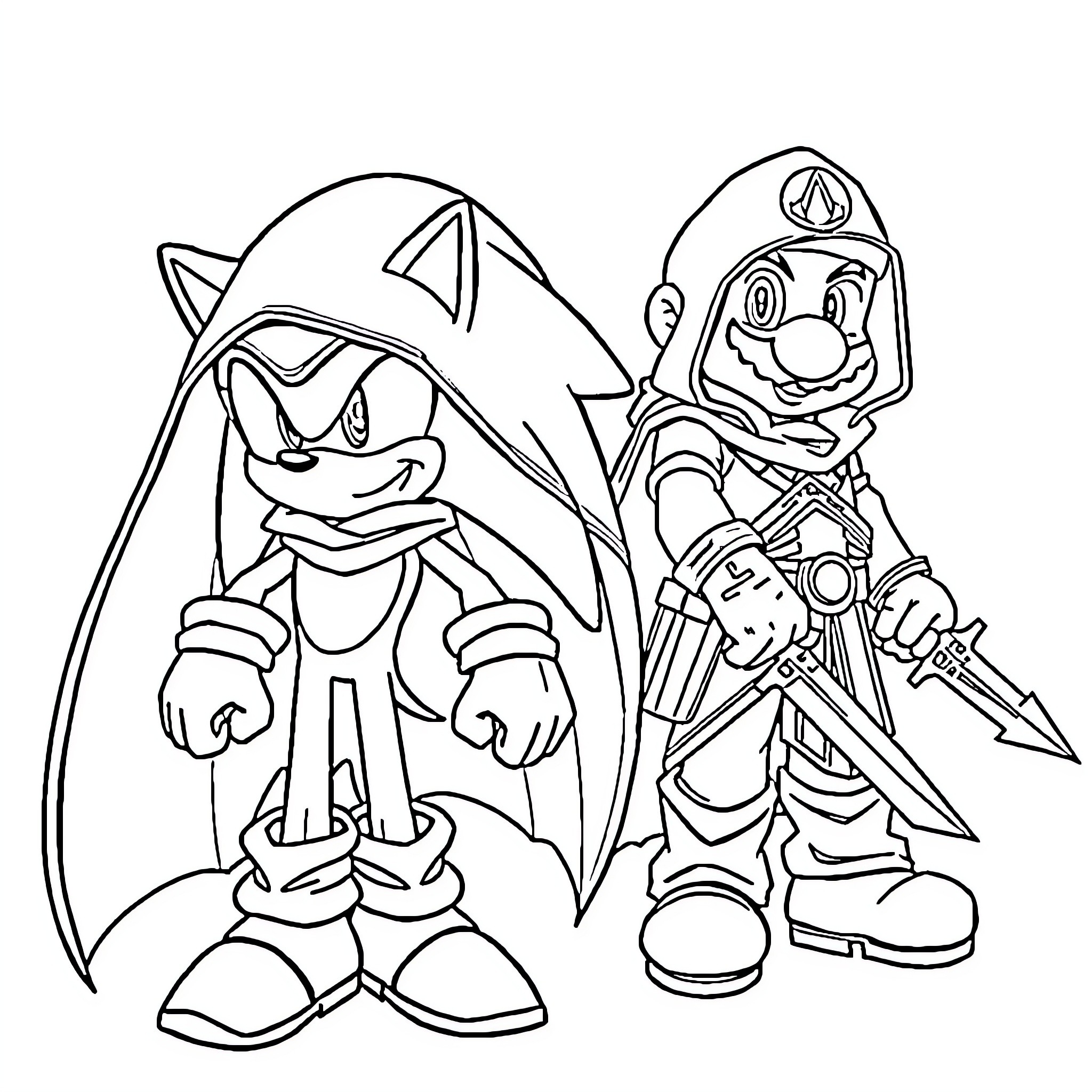Sonic and Mario in Action Poses Coloring Page (free black-and-white line drawing printable PDF for all, from beginners to advanced learners, including children, teens, adults, and seniors)