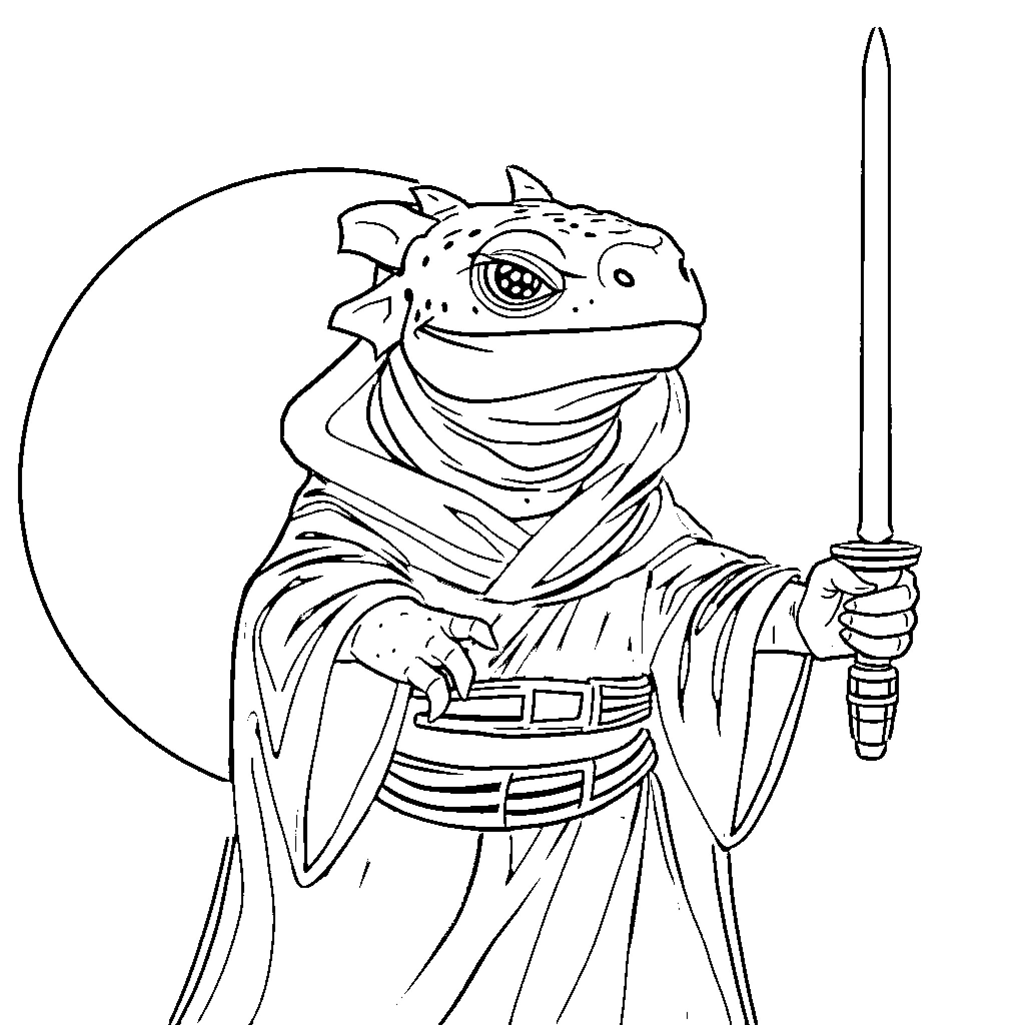 Axolotl wielding a lightsaber in a heroic pose Coloring Page (free black-and-white line drawing printable PDF for all, from beginners to advanced learners, including children, teens, adults, and seniors)