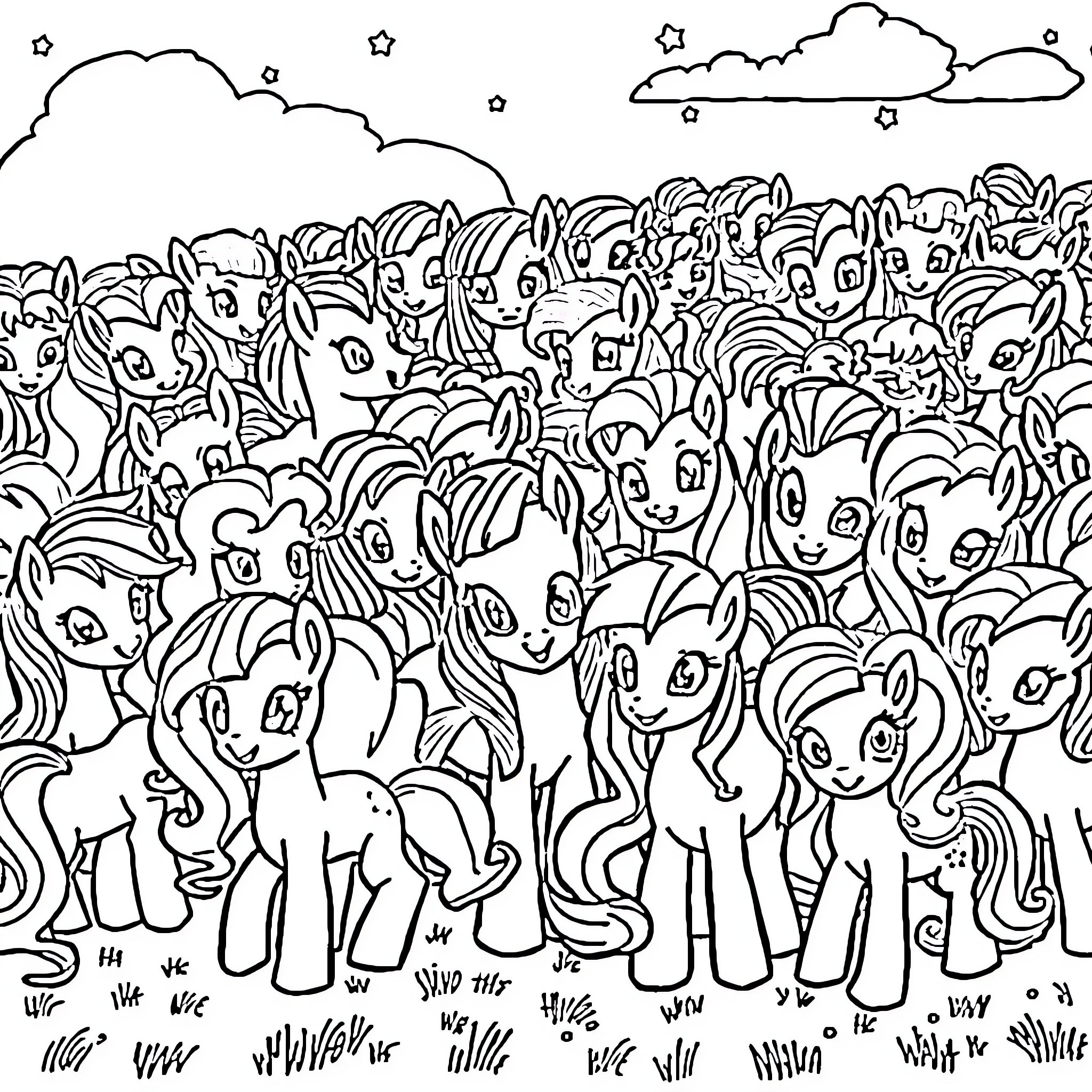My Little Pony characters gathered together Coloring Page (free black-and-white line drawing printable PDF for all, from beginners to advanced learners, including children, teens, adults, and seniors)