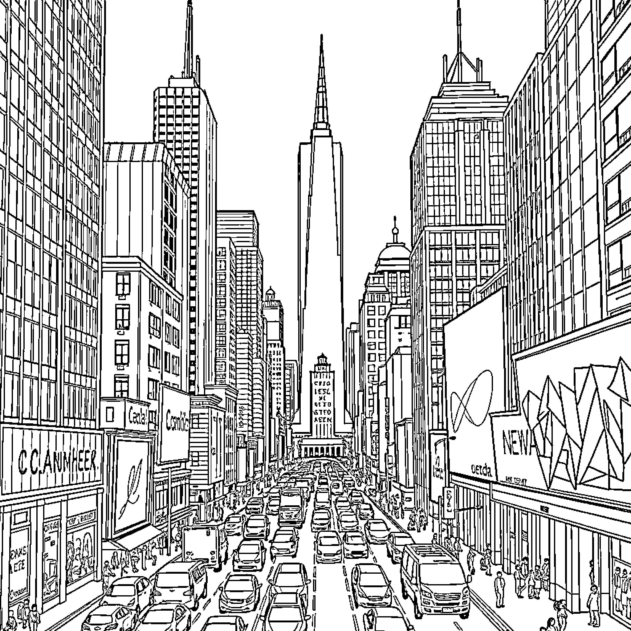 City of skyscrapers and bustling streets Coloring Page (free black-and-white line drawing printable PDF for all, from beginners to advanced learners, including children, teens, adults, and seniors)