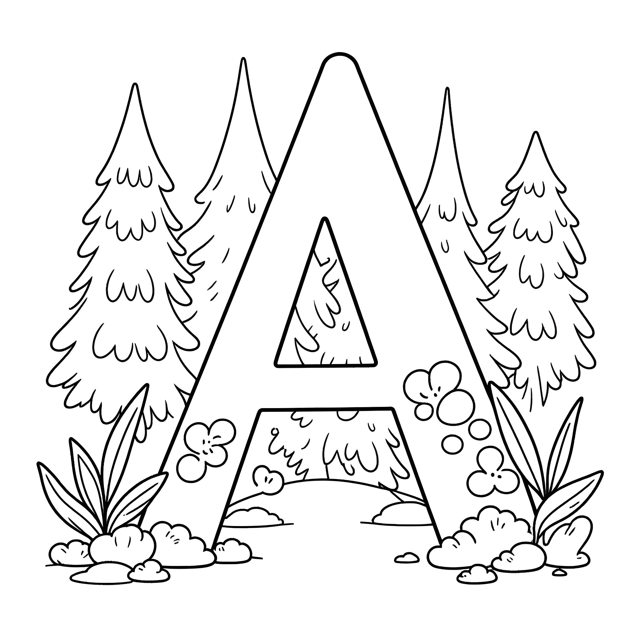 Letter A with Trees and Nature Elements Coloring Page (free black-and-white line drawing printable PDF for all, from beginners to advanced learners, including children, teens, adults, and seniors)
