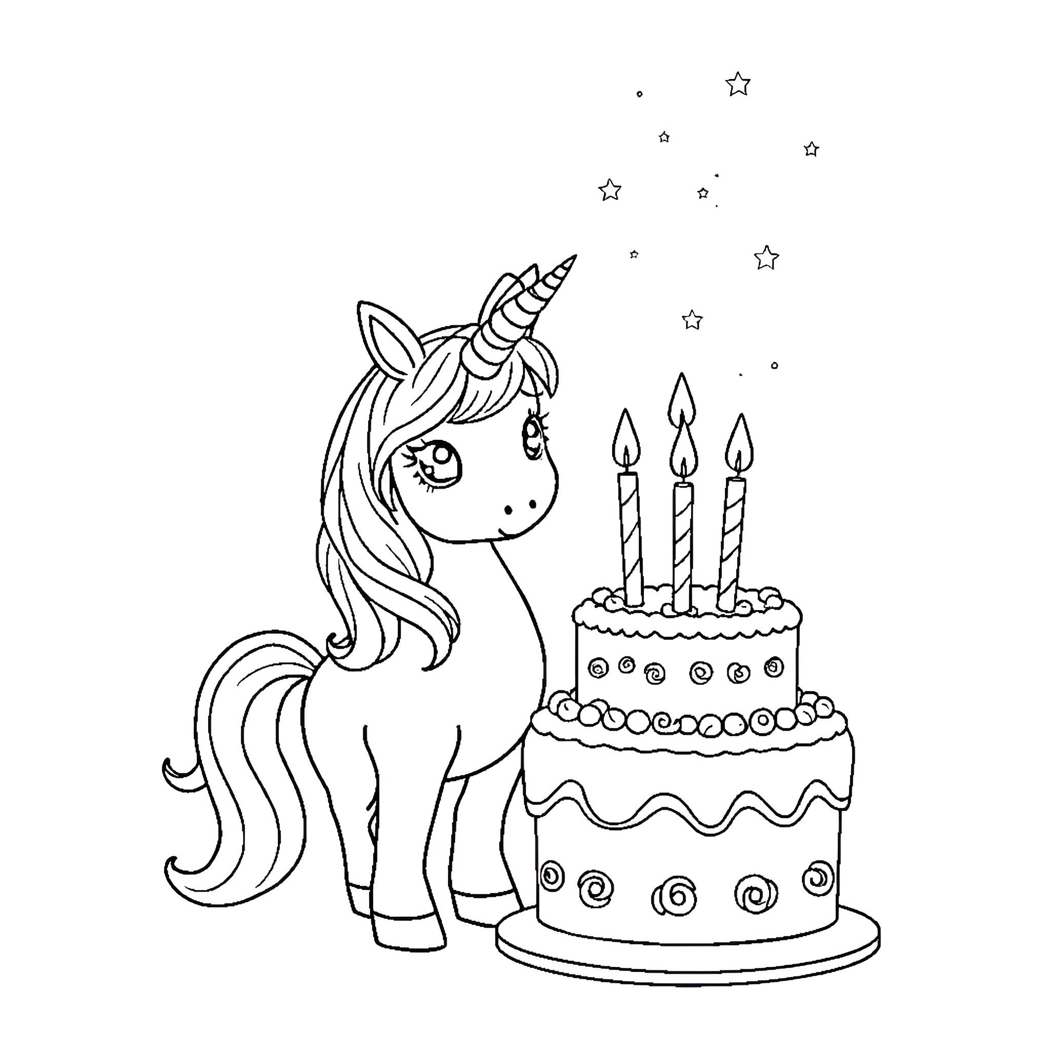 Unicorn celebrating birthday with cake and stars Coloring Page (free black-and-white line drawing printable PDF for all, from beginners to advanced learners, including children, teens, adults, and seniors)