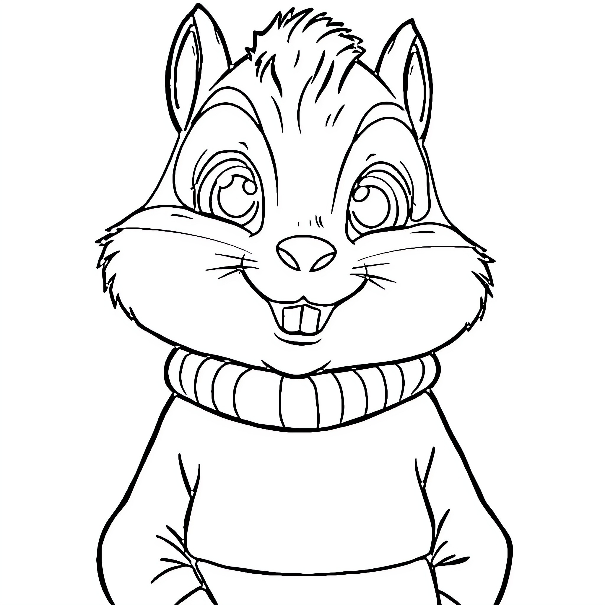 Alvin the Chipmunk Smiling and Wearing Scarf Coloring Page (free black-and-white line drawing printable PDF for all, from beginners to advanced learners, including children, teens, adults, and seniors)