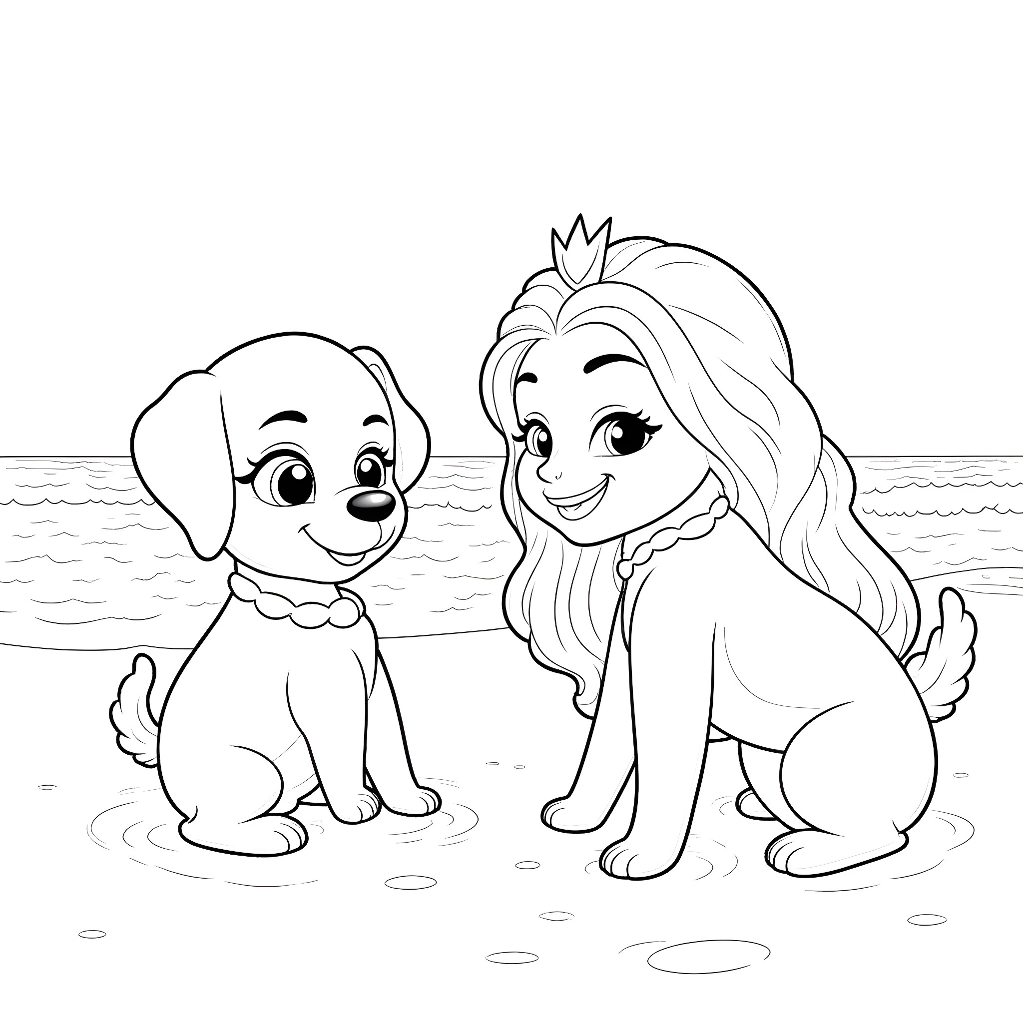 Bluey and Friends Playing Happily on the Beach Coloring Page (free black-and-white line drawing printable PDF for all, from beginners to advanced learners, including children, teens, adults, and seniors)