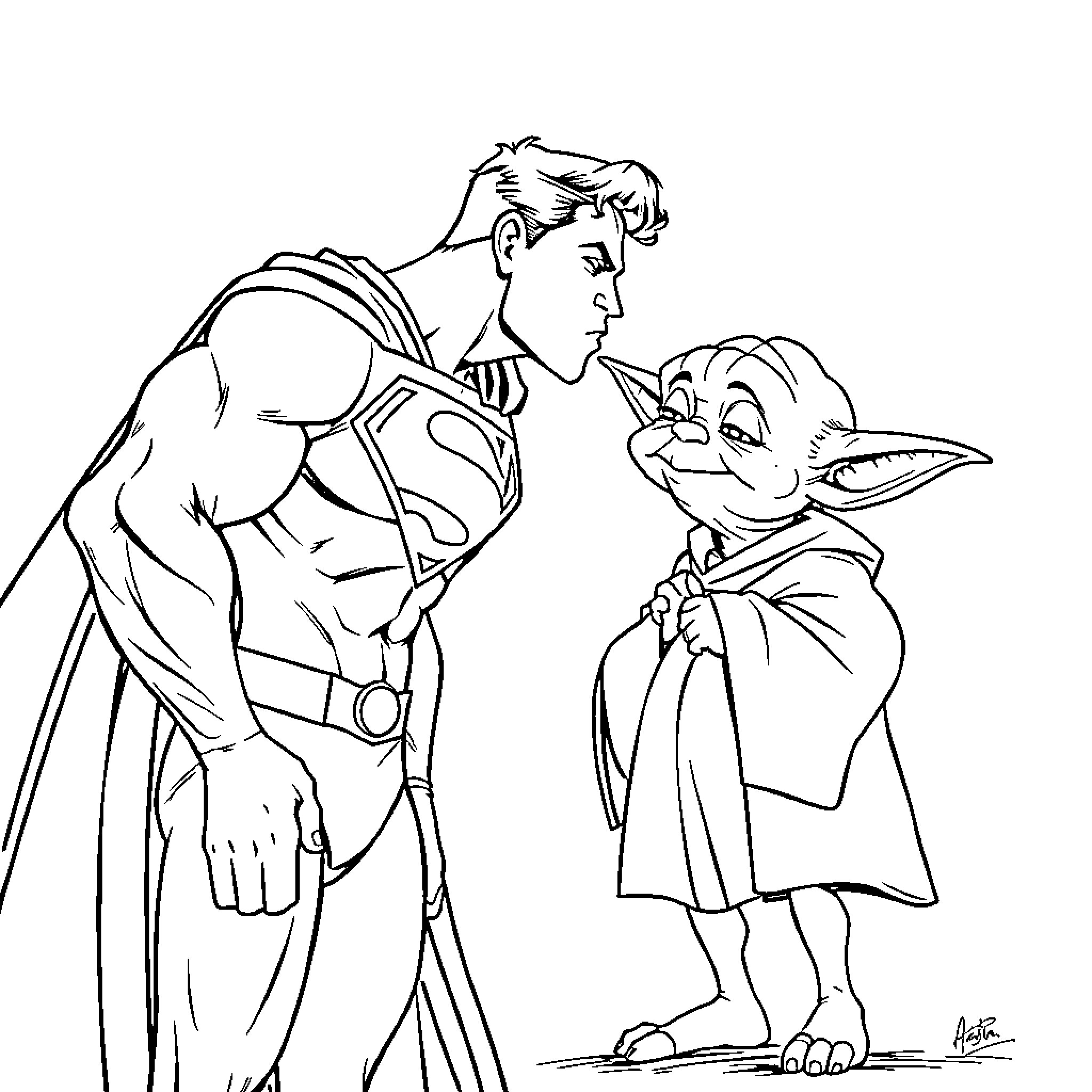 Superman speaking with a peculiar creature Coloring Page (free black-and-white line drawing printable PDF for all, from beginners to advanced learners, including children, teens, adults, and seniors)