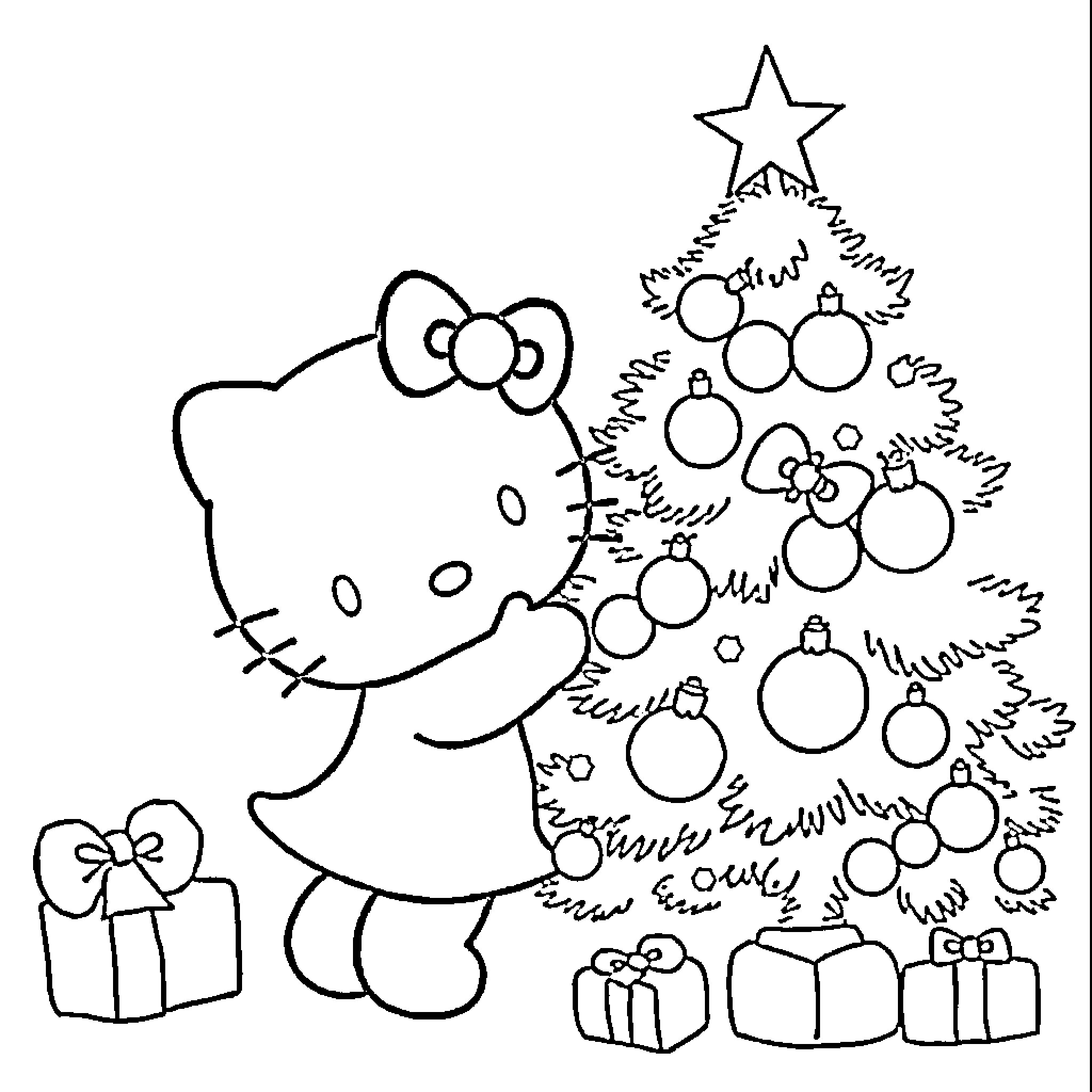 Hello Kitty decorating Christmas tree with ornaments Coloring Page (free black-and-white line drawing printable PDF for all, from beginners to advanced learners, including children, teens, adults, and seniors)