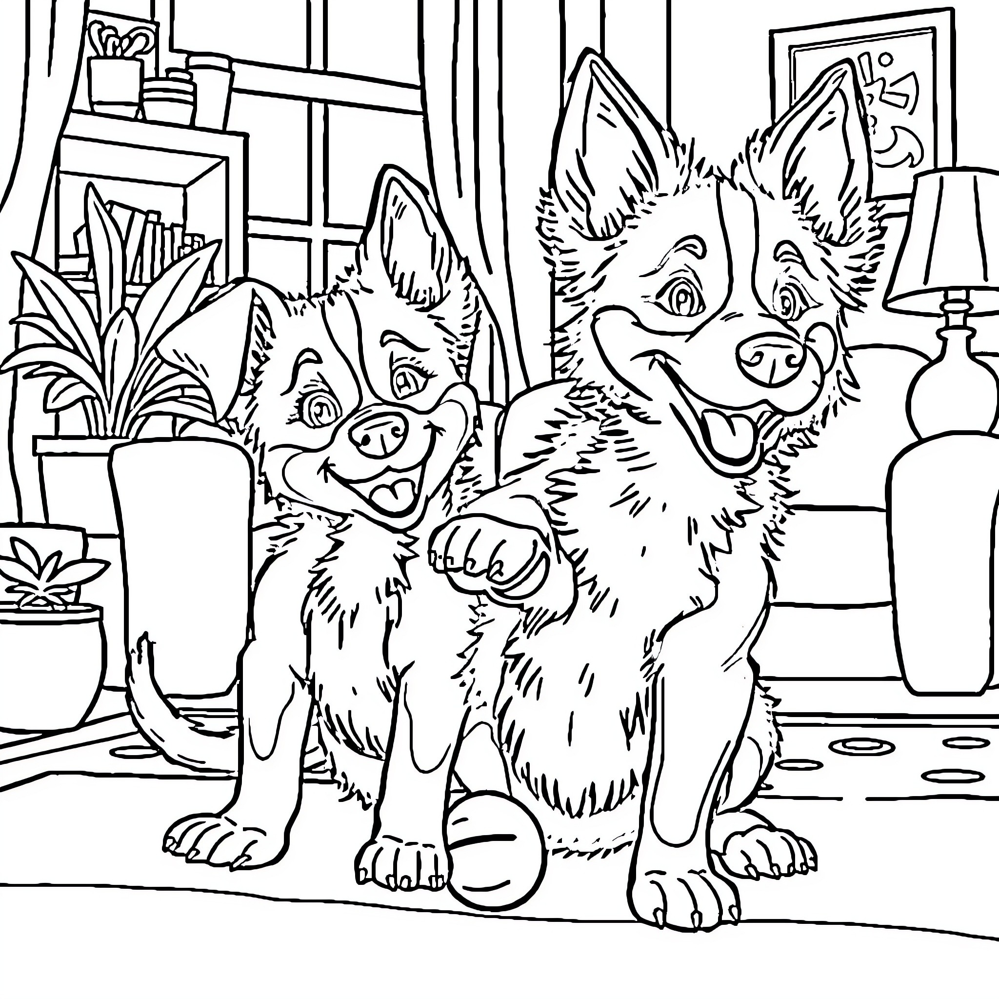 Bluey and Bingo playing together in the home Coloring Page (free black-and-white line drawing printable PDF for all, from beginners to advanced learners, including children, teens, adults, and seniors)